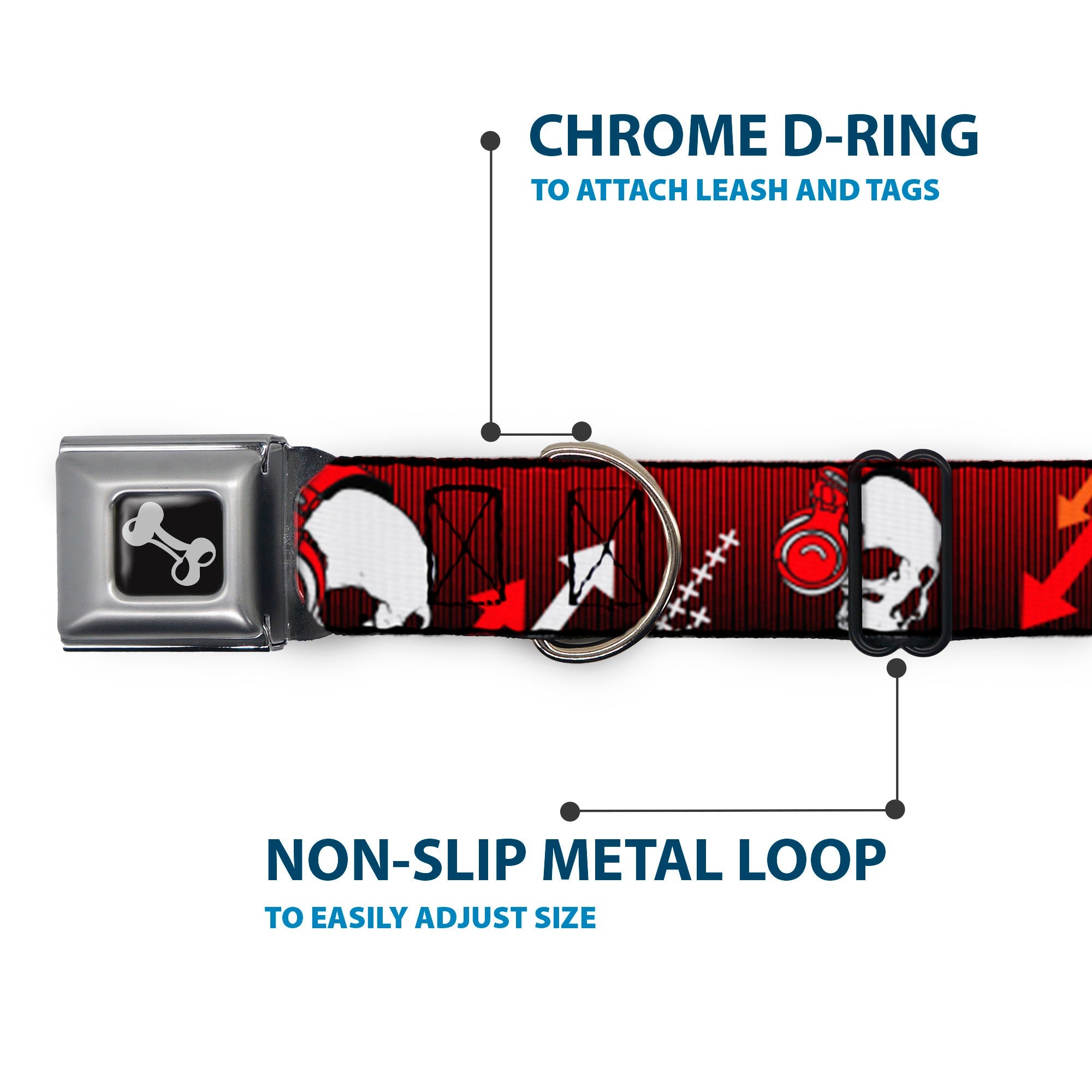 Dog Bone Seatbelt Buckle Collar - DJ Skulls Up/Down Black/Red