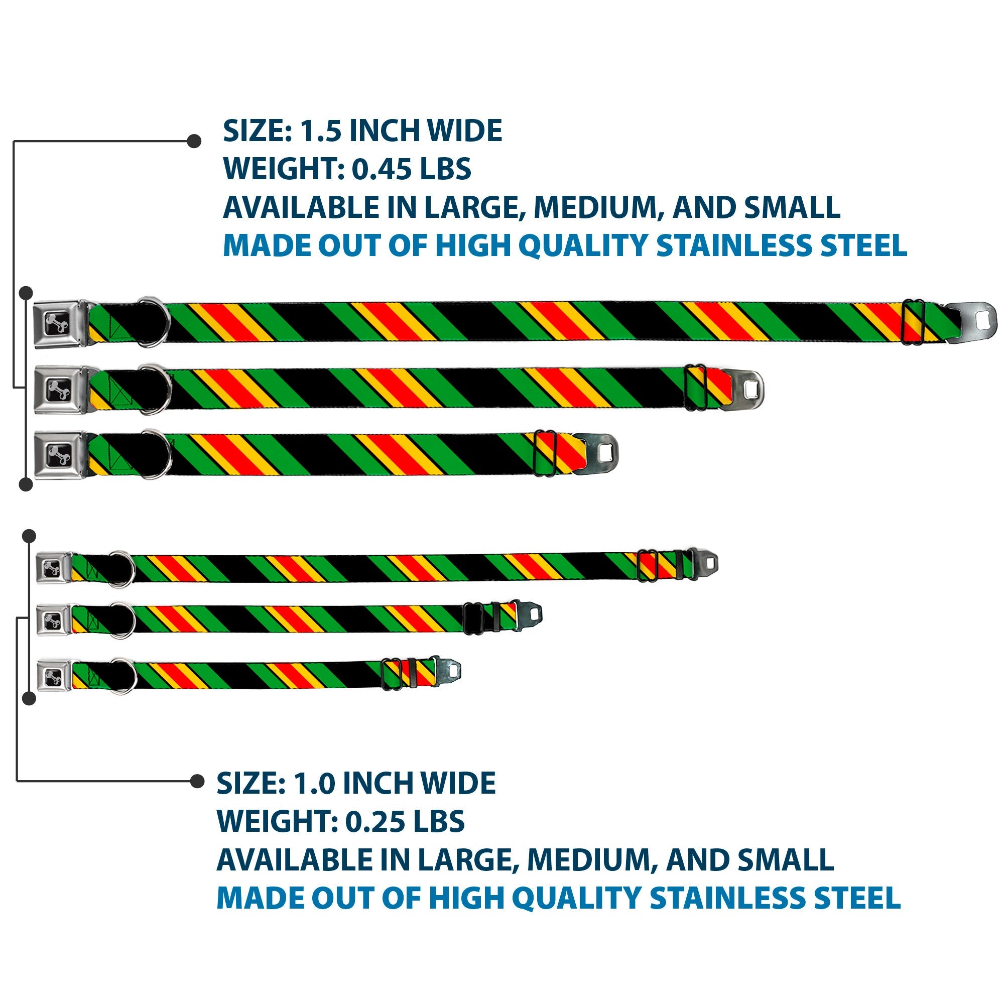 Dog Bone Seatbelt Buckle Collar - Diagonal Stripes Black/Green/Yellow/Red