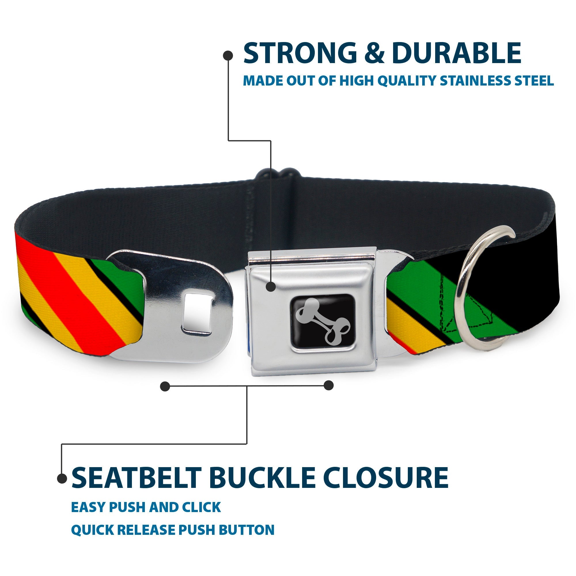 Dog Bone Seatbelt Buckle Collar - Diagonal Stripes Black/Green/Yellow/Red
