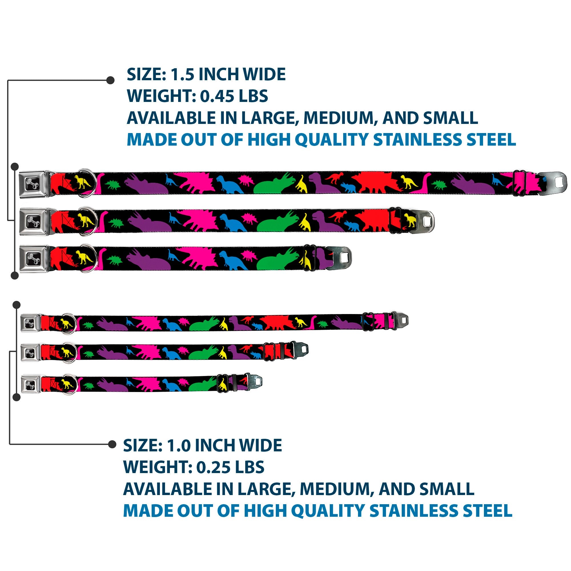 Dog Bone Seatbelt Buckle Collar - Dinosaur Silhouette Black/Multi Color