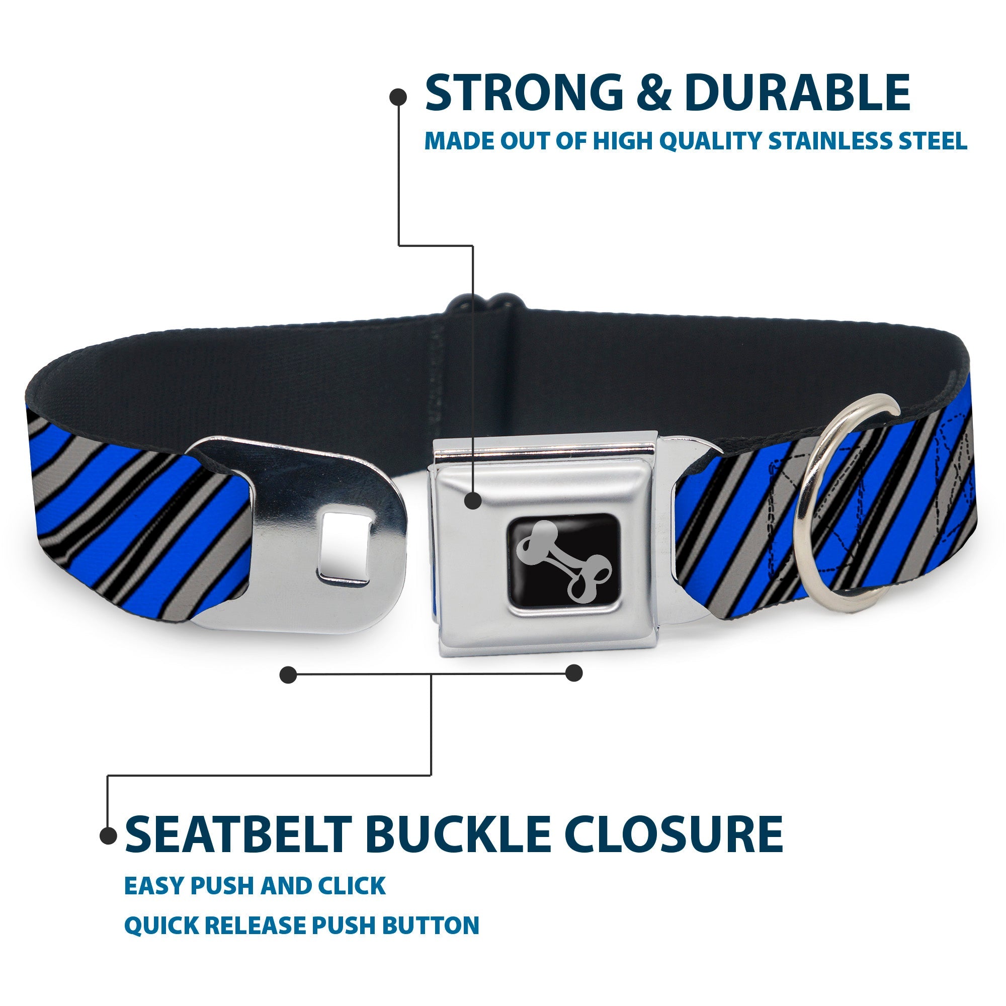 Dog Bone Seatbelt Buckle Collar - Diagonal Stripes Scribble Gray/Blue
