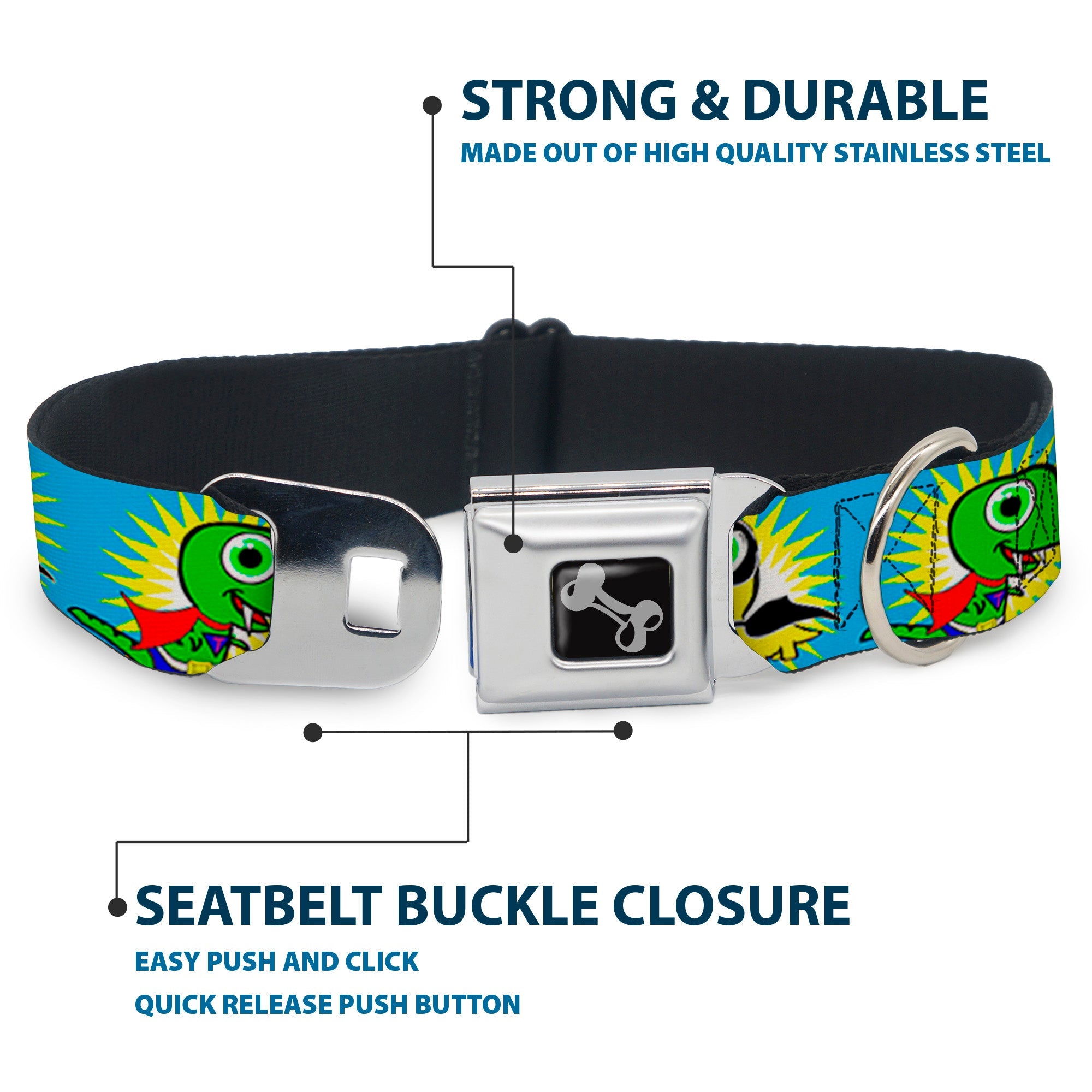 Dog Bone Seatbelt Buckle Collar - Dinosaur Superhero Baby Blue