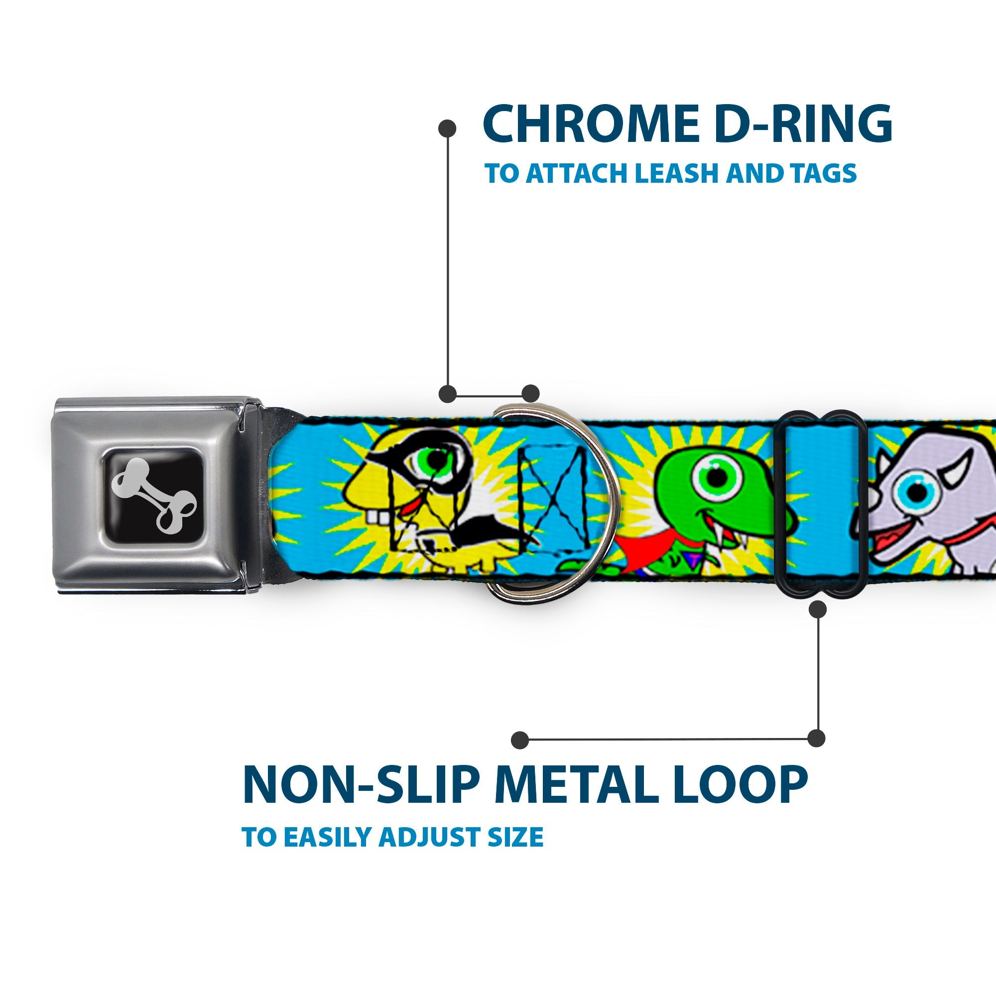 Dog Bone Seatbelt Buckle Collar - Dinosaur Superhero Baby Blue