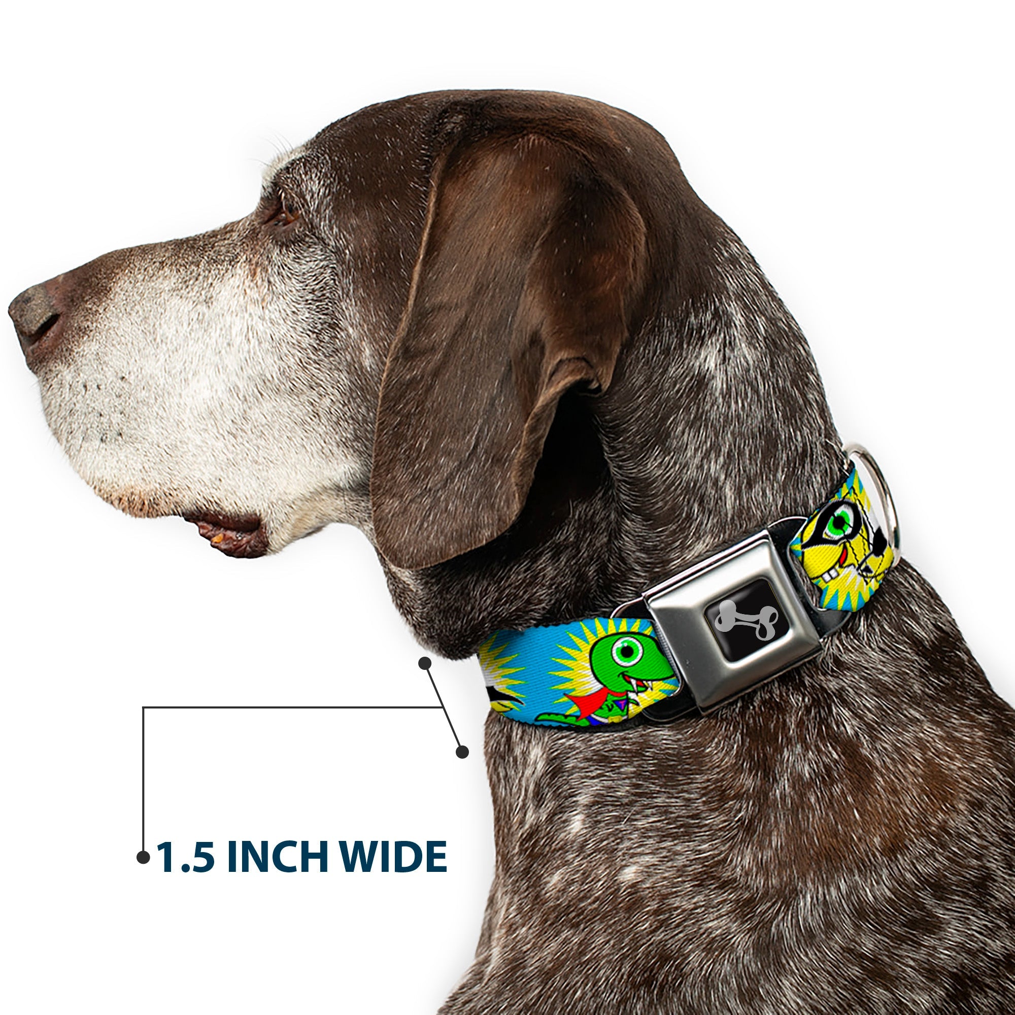 Dog Bone Seatbelt Buckle Collar - Dinosaur Superhero Baby Blue