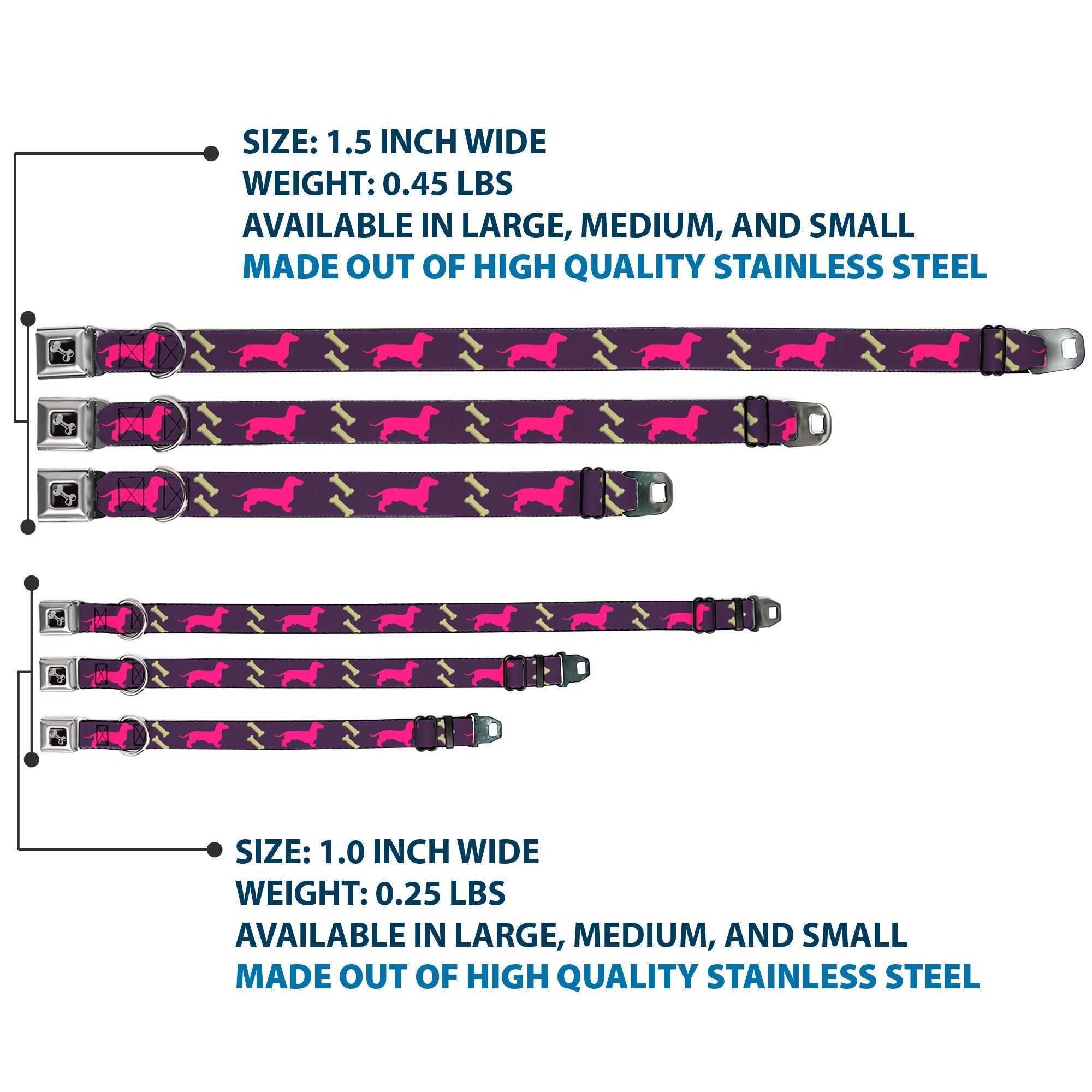 Dog Bone Seatbelt Buckle Collar - Dachshunds & Bones Purple/Fuchsia/Green