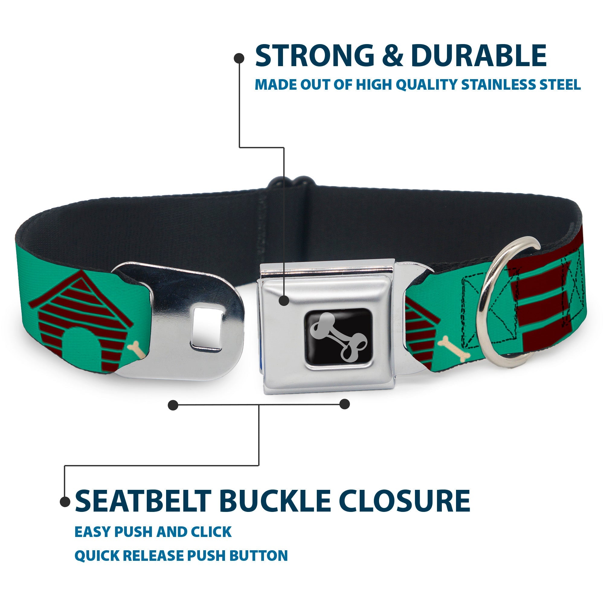Dog Bone Seatbelt Buckle Collar - Dog House & Bone Turquoise/Brown