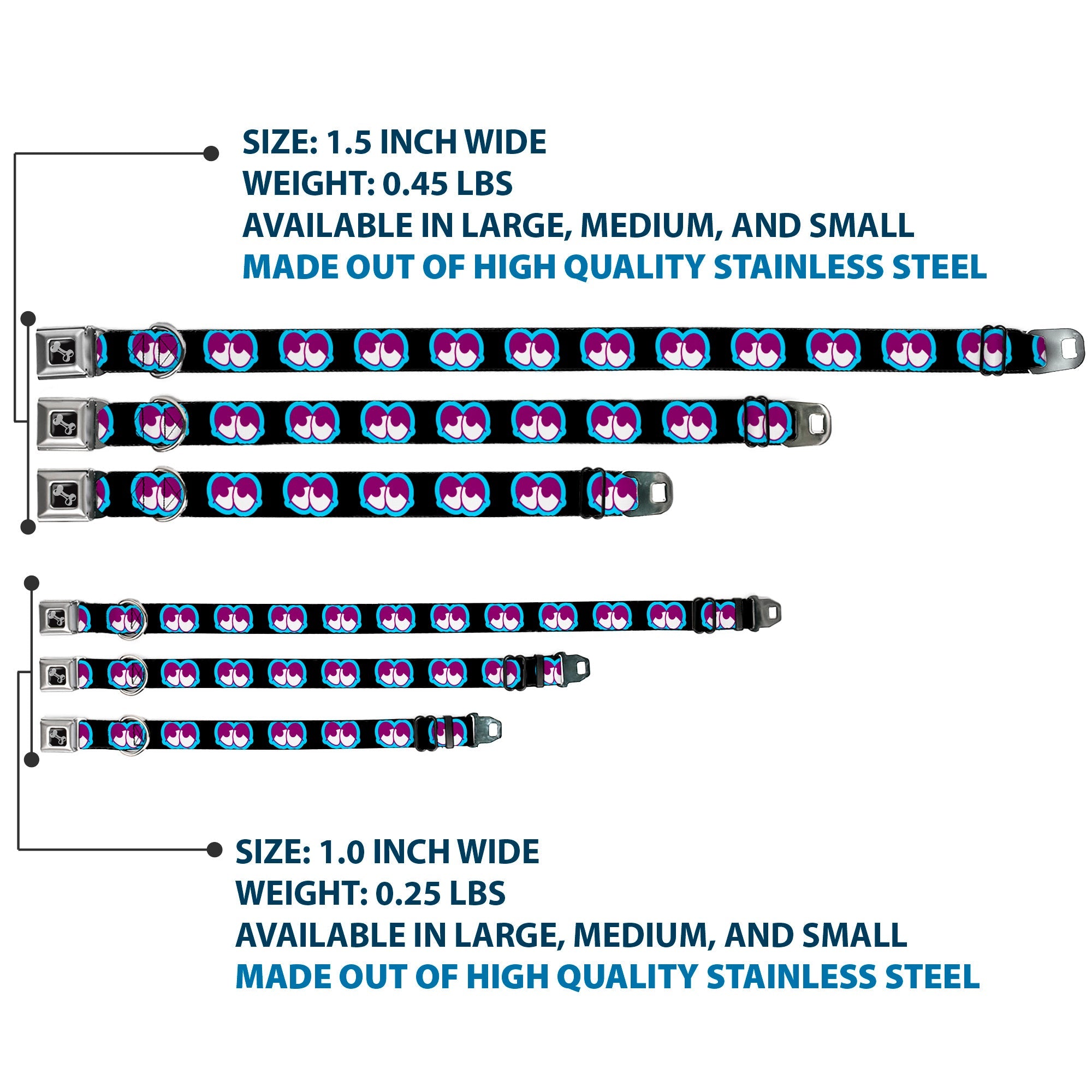 Dog Bone Seatbelt Buckle Collar - Dopey Eyes Black/Baby Blue/Purple