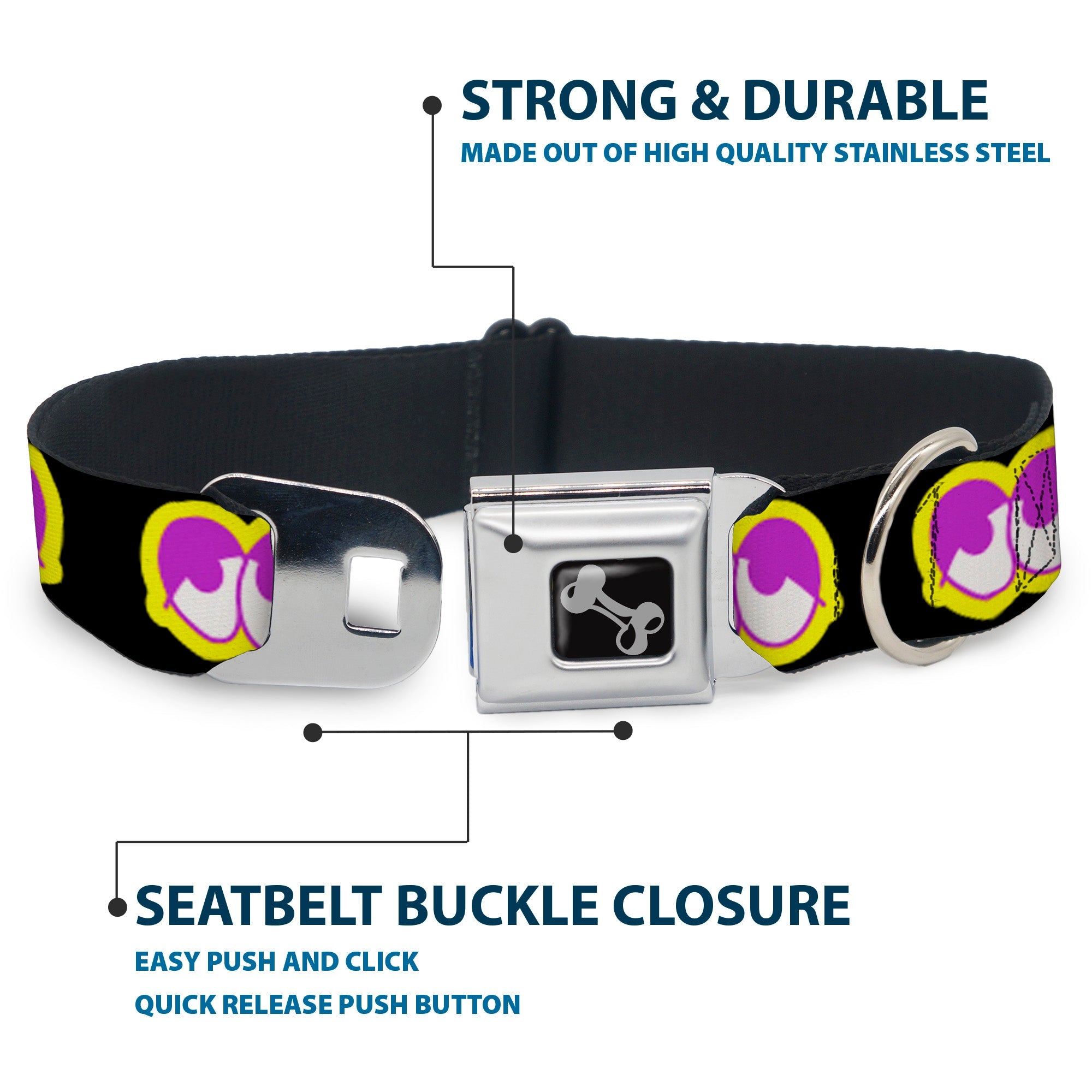 Dog Bone Seatbelt Buckle Collar - Dopey Eyes Black/Yellow/Purple
