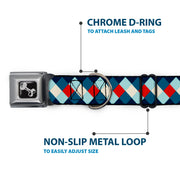Dog Bone Seatbelt Buckle Collar - Diamond Plaid Blues/Khaki/Red