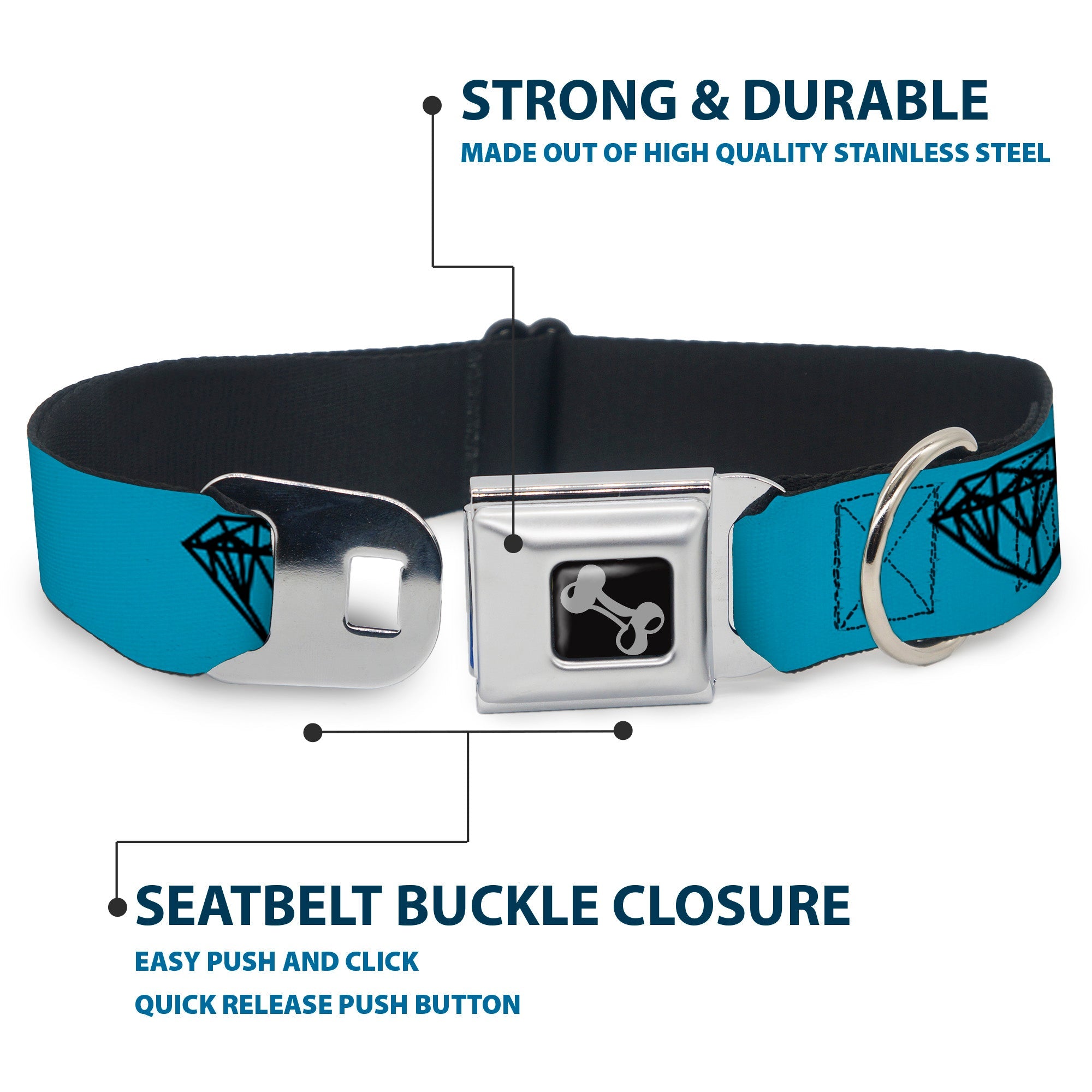 Dog Bone Seatbelt Buckle Collar - Diamond Sketch Turquoise/Black