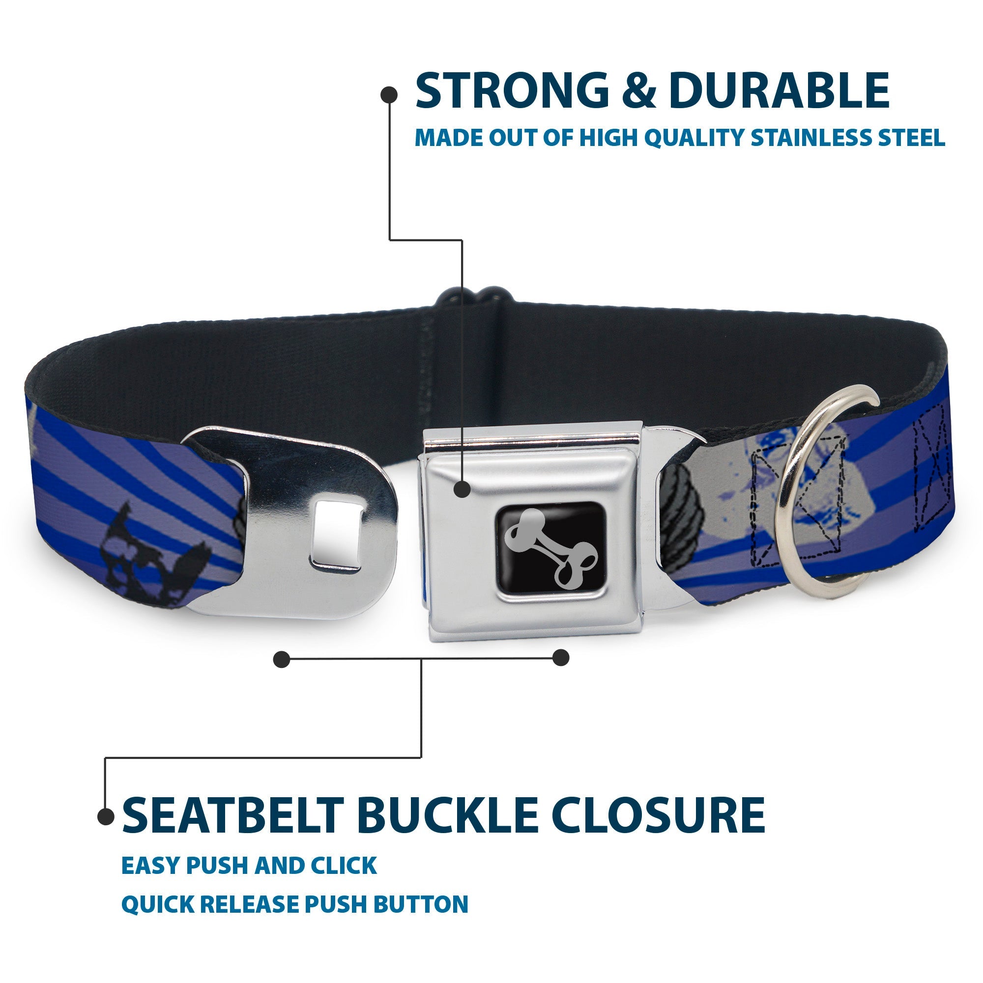 Dog Bone Seatbelt Buckle Collar - Die Hard Skulls & Stars1 Blue/Grays