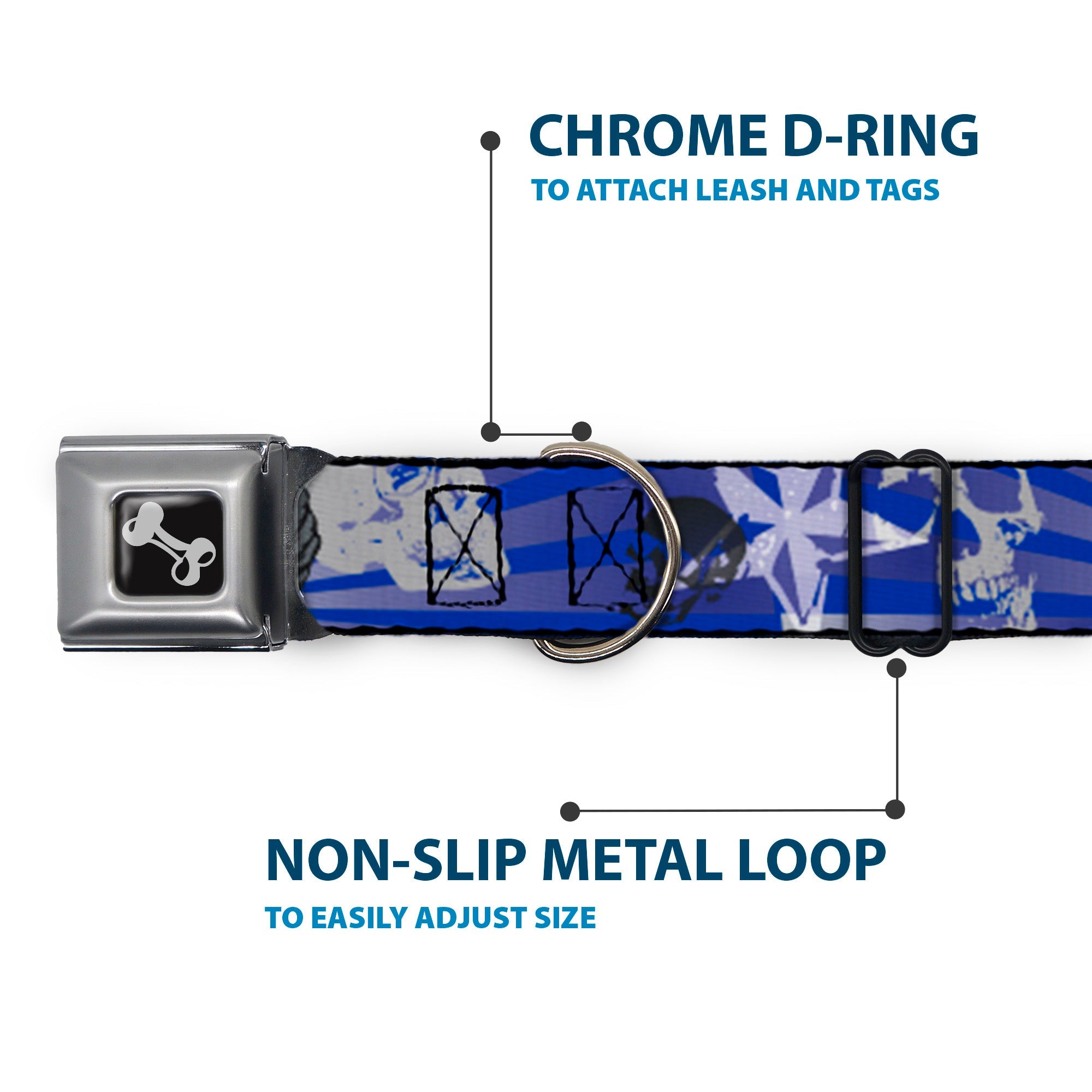 Dog Bone Seatbelt Buckle Collar - Die Hard Skulls & Stars1 Blue/Grays