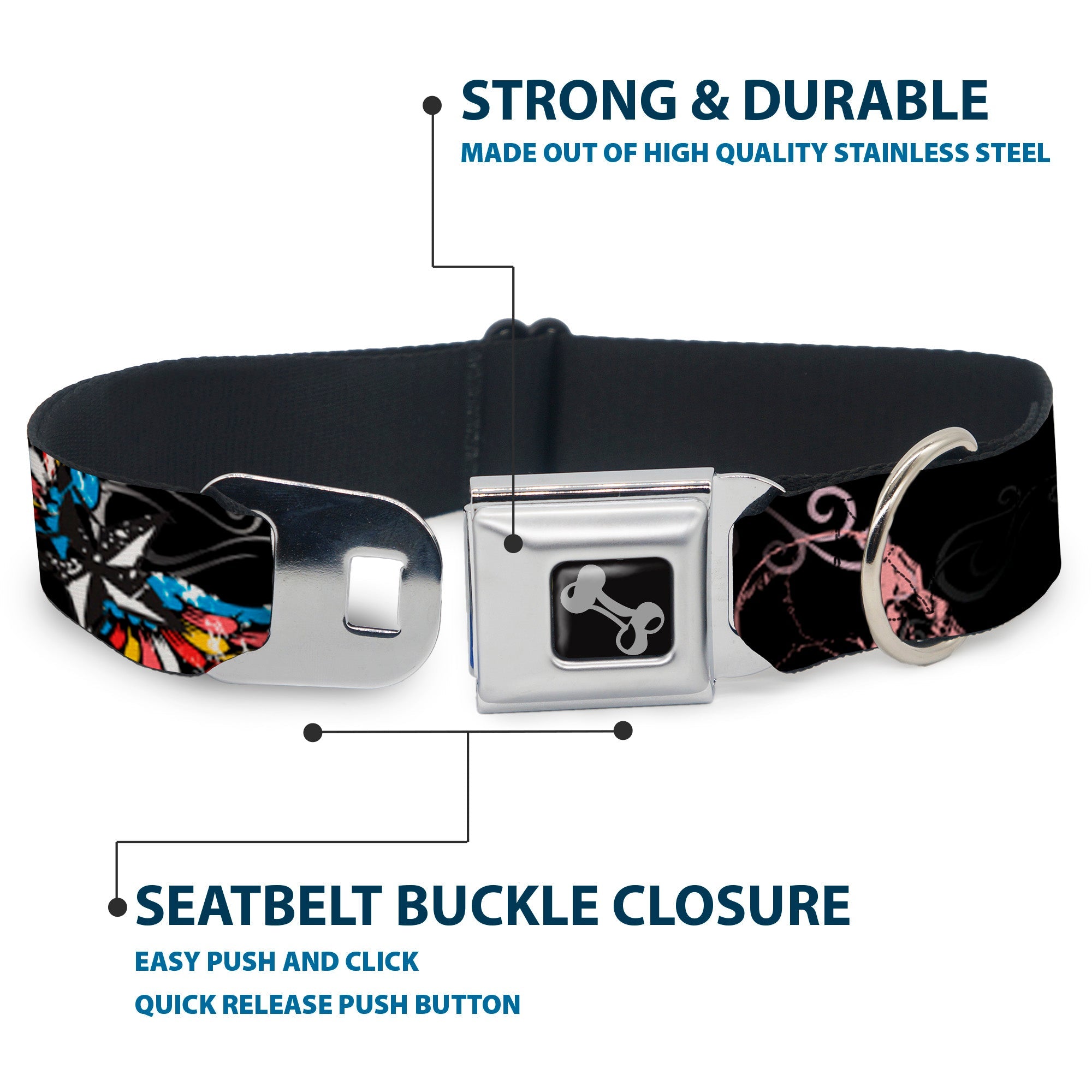 Dog Bone Seatbelt Buckle Collar - Die Hard Skulls & Stars2 Black/Multi Color