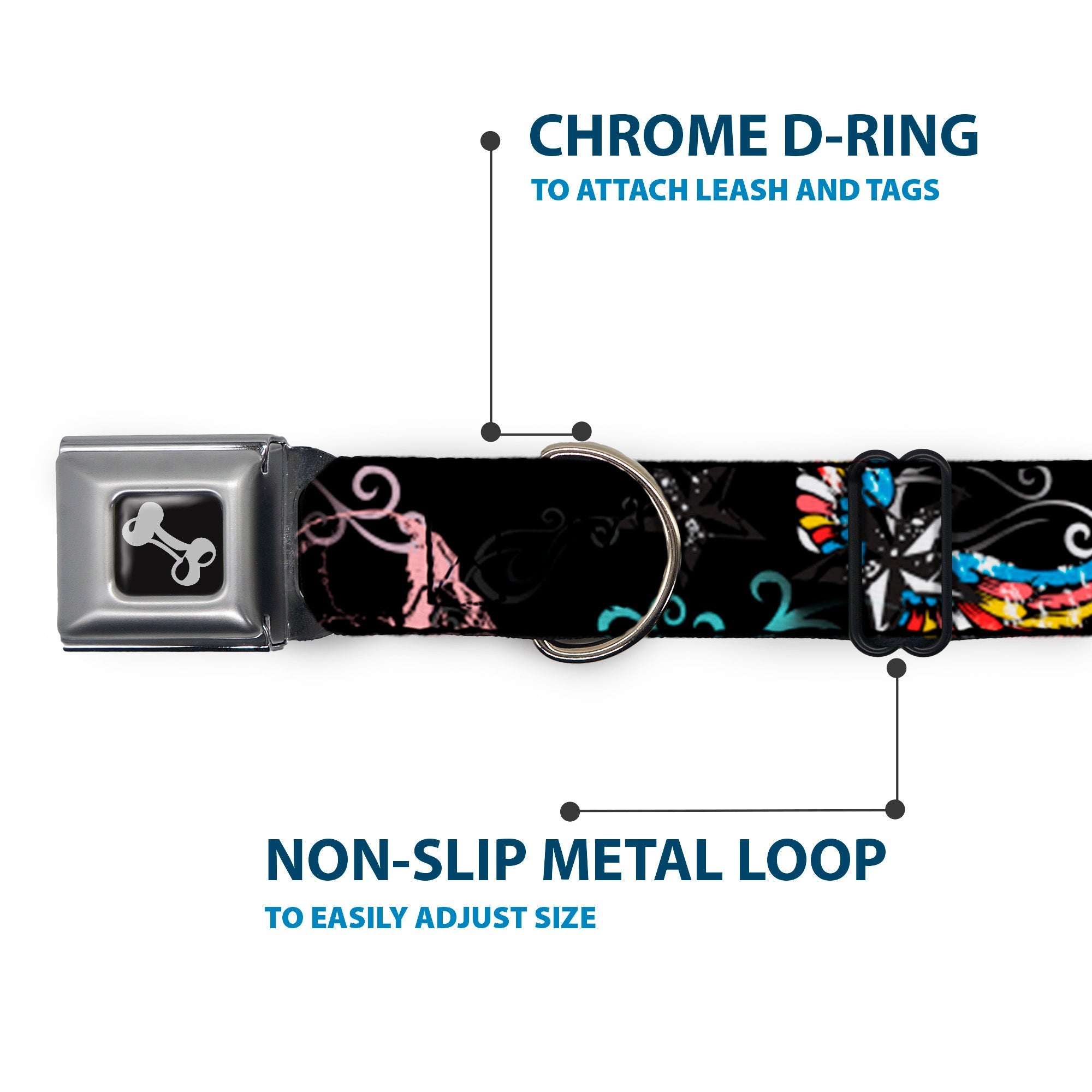 Dog Bone Seatbelt Buckle Collar - Die Hard Skulls & Stars2 Black/Multi Color