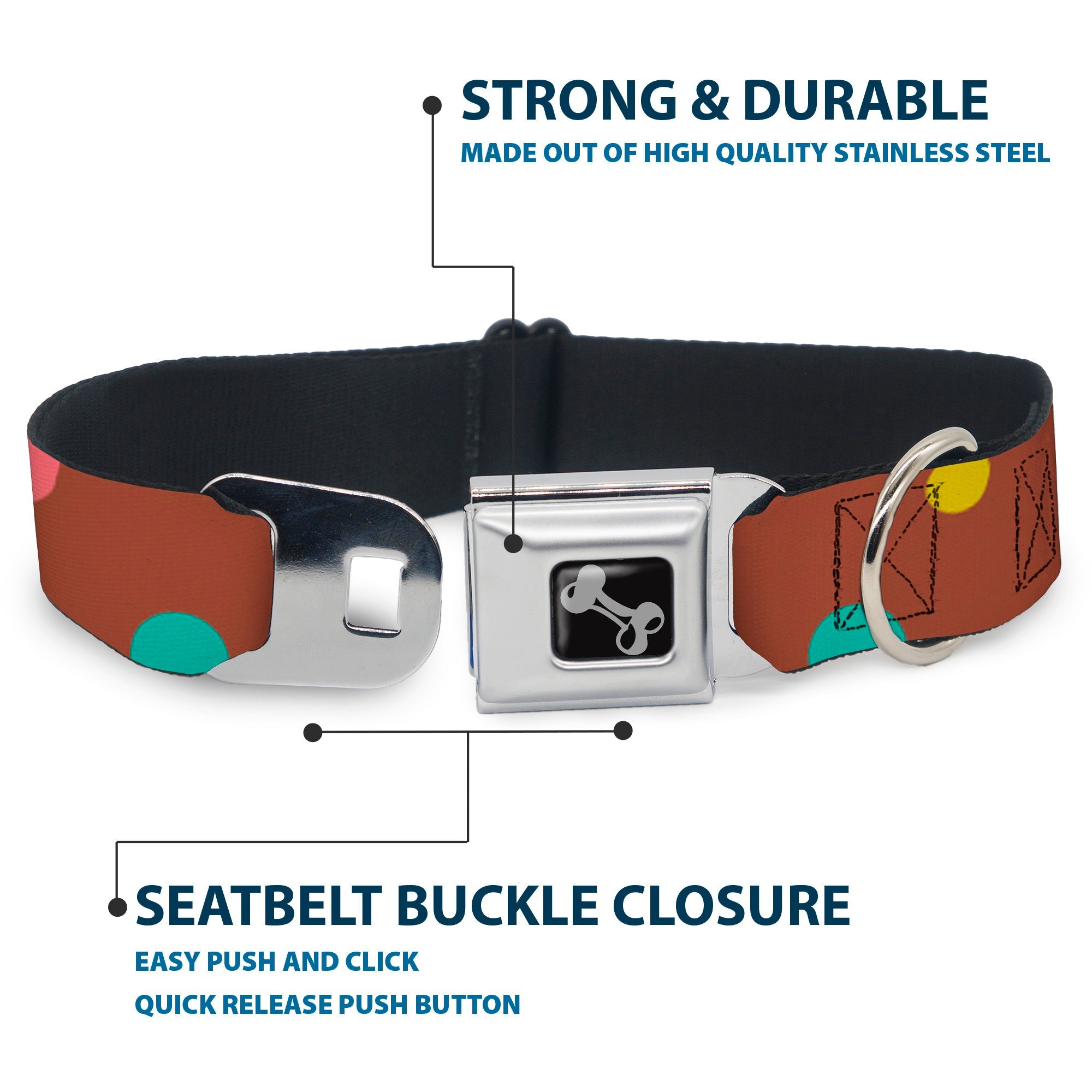 Dog Bone Seatbelt Buckle Collar - Dots Brown/Multi Pastel
