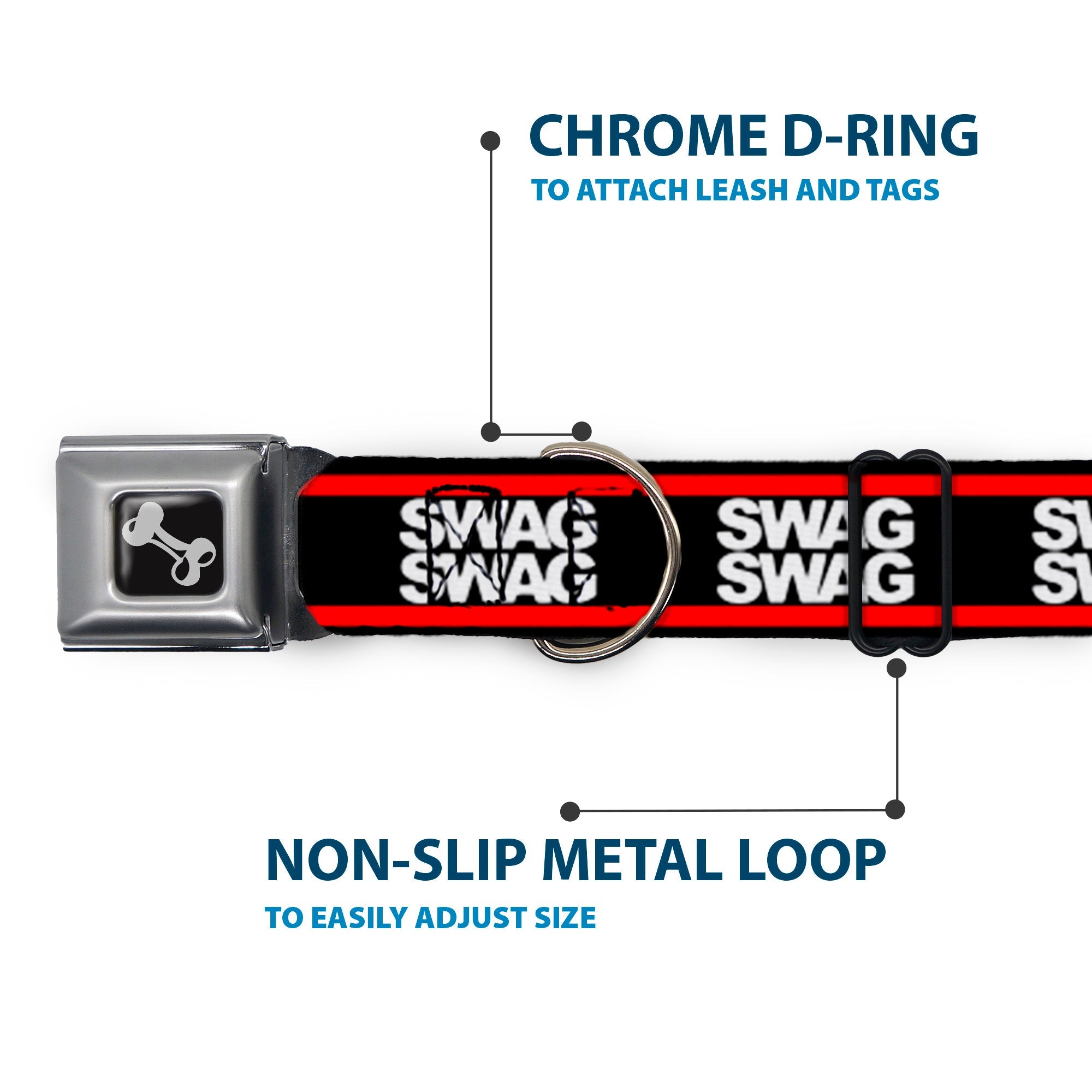 Dog Bone Seatbelt Buckle Collar - Double SWAG Black/White/Red Stripe