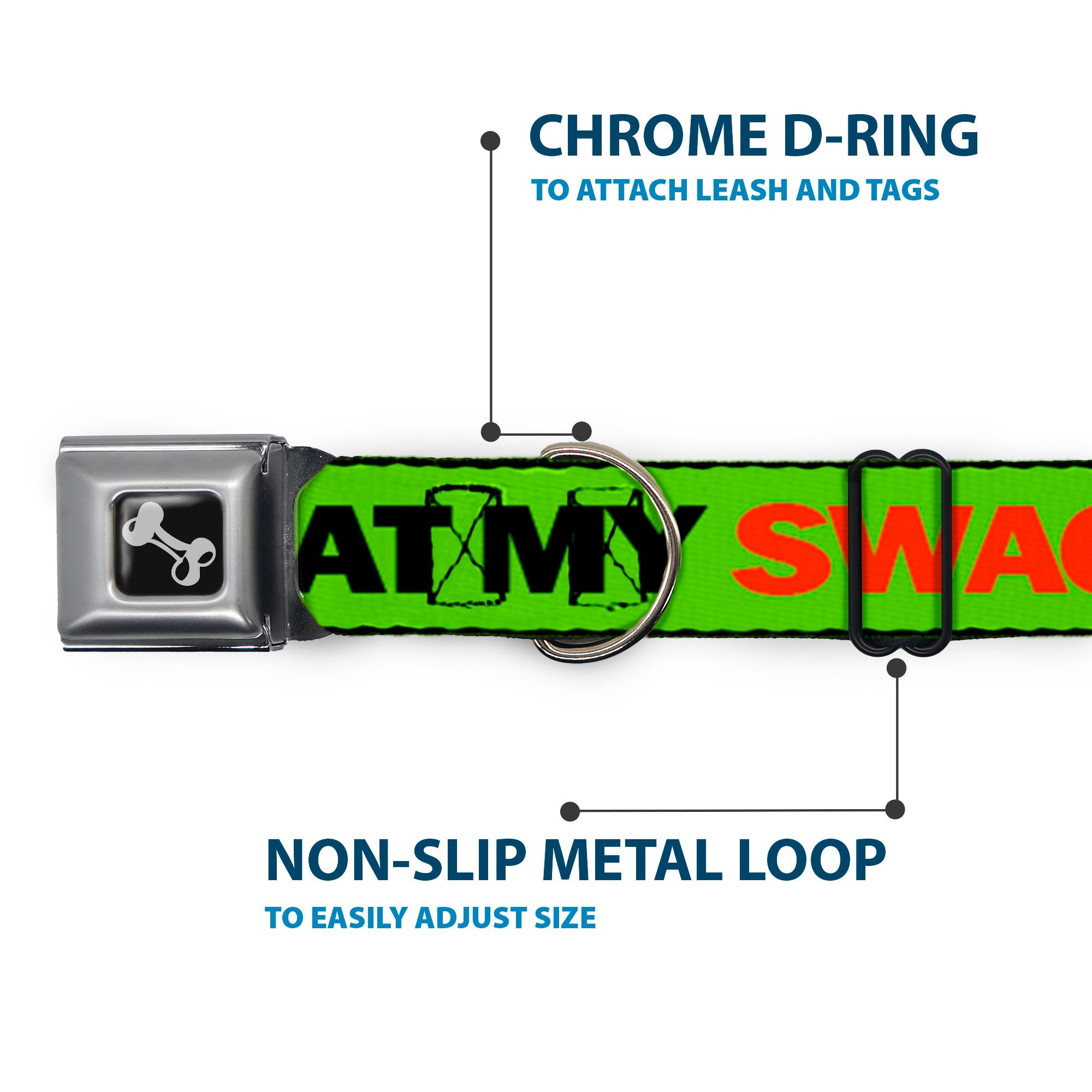 Dog Bone Seatbelt Buckle Collar - DON'T SWEAT MY SWAG Neon Green/Black/Red