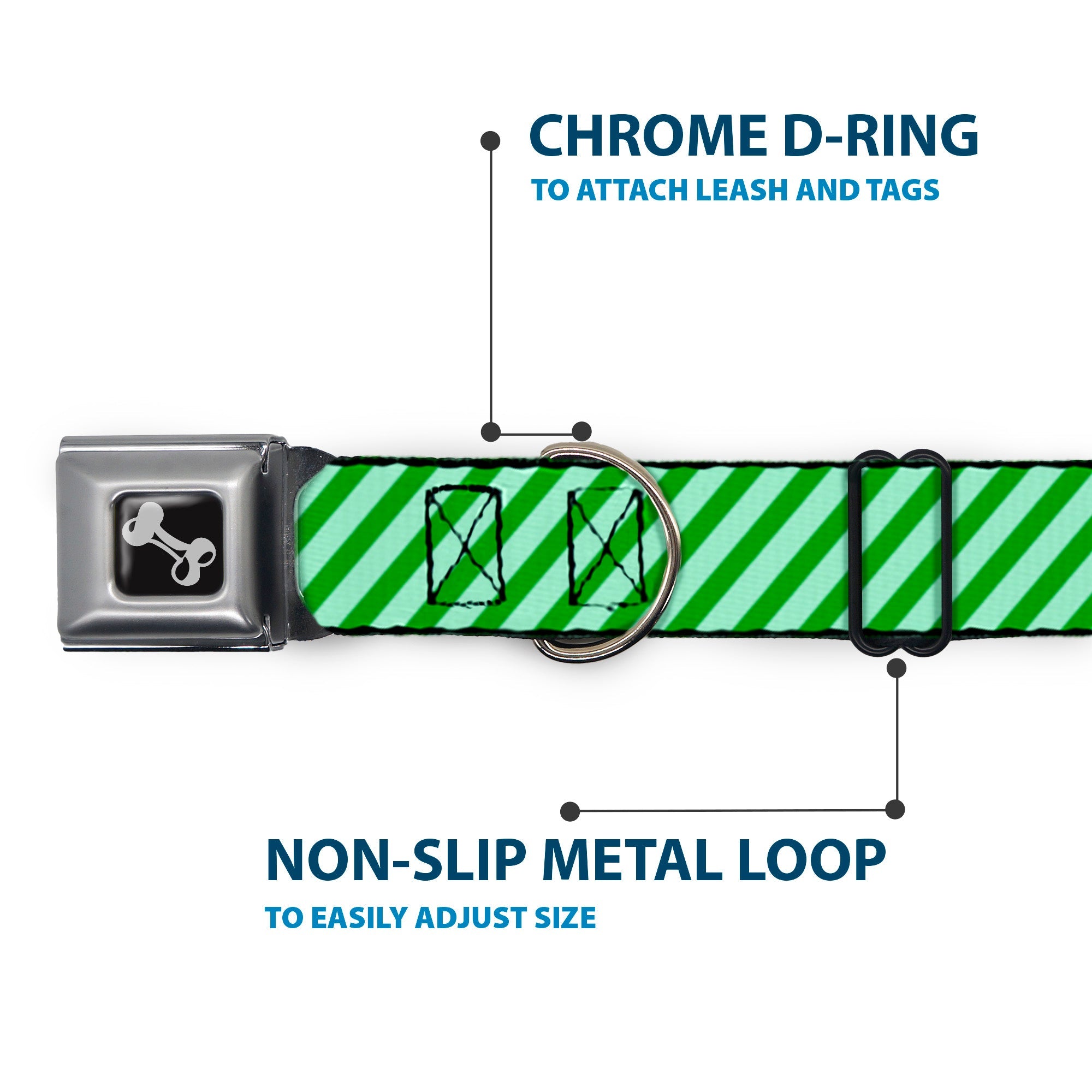 Dog Bone Seatbelt Buckle Collar - Diagonal Stripes Pastel Greens