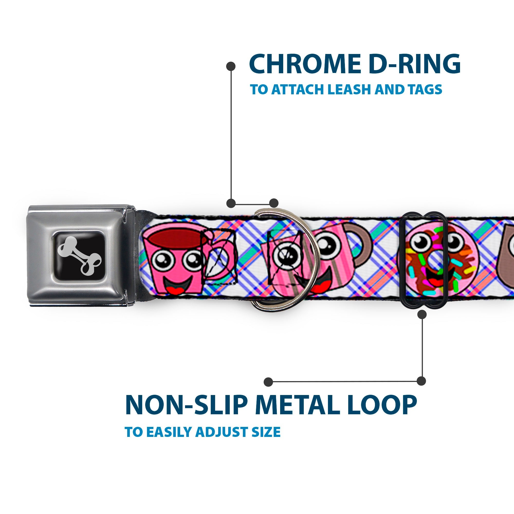 Dog Bone Seatbelt Buckle Collar - Donuts & Coffee Cartoon2