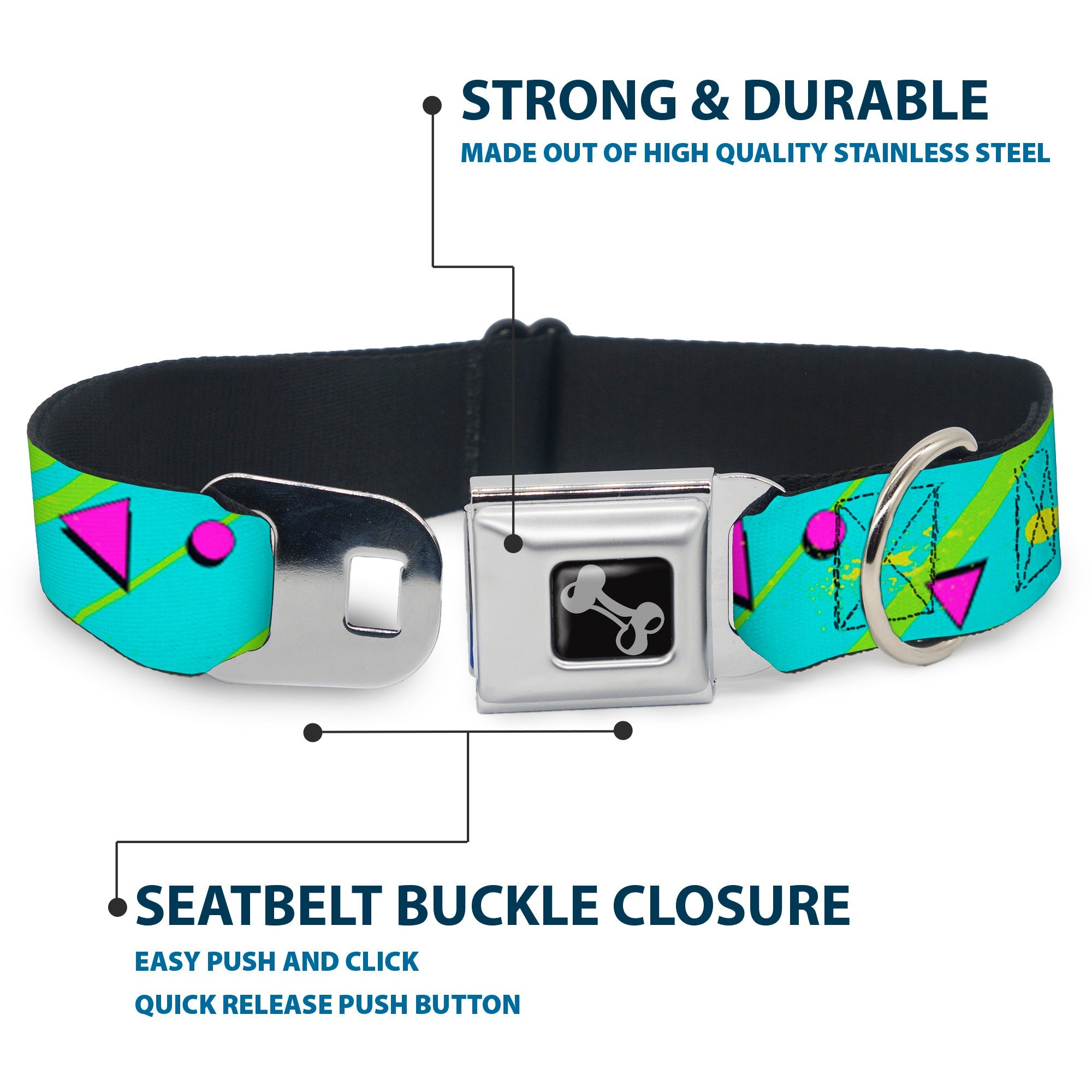 Dog Bone Seatbelt Buckle Collar - Eighties Party Blue/Yellow/Pink