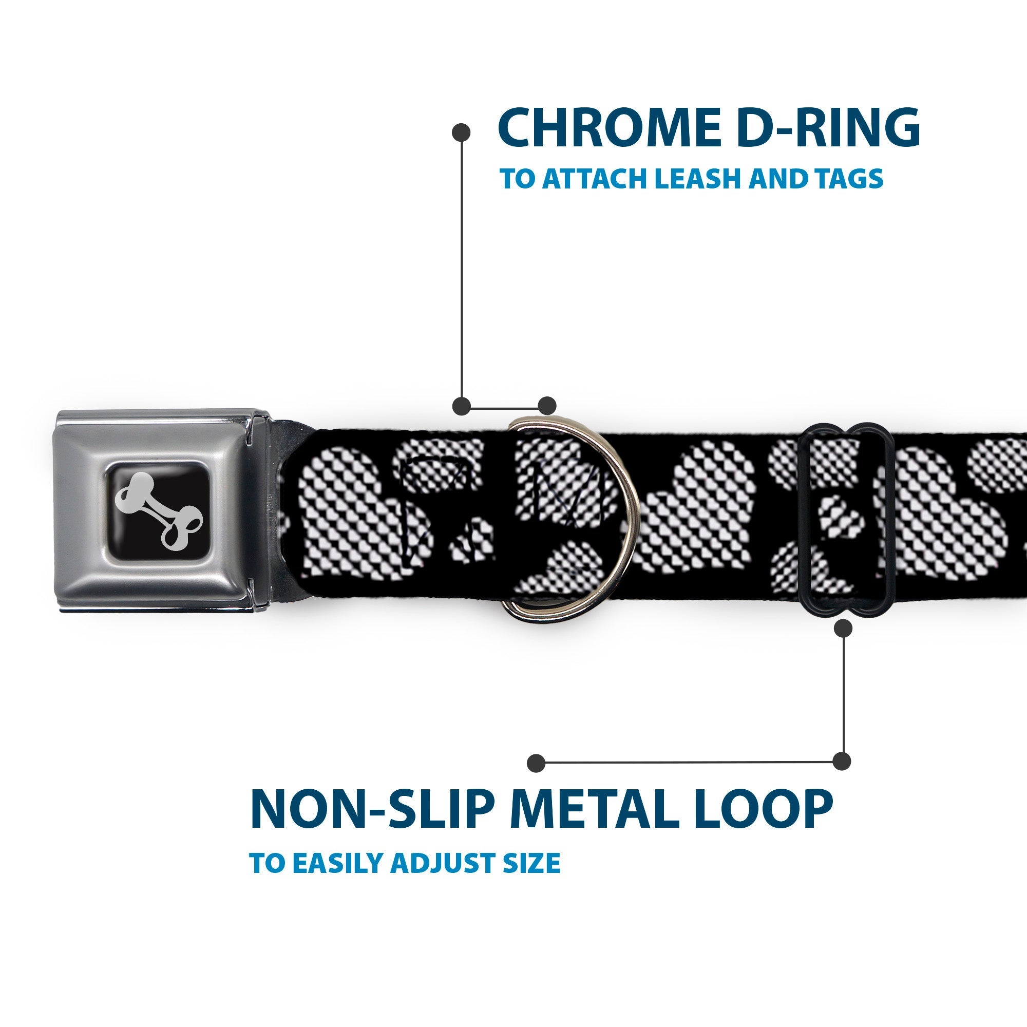 Dog Bone Seatbelt Buckle Collar - Eighties Hearts Black/White