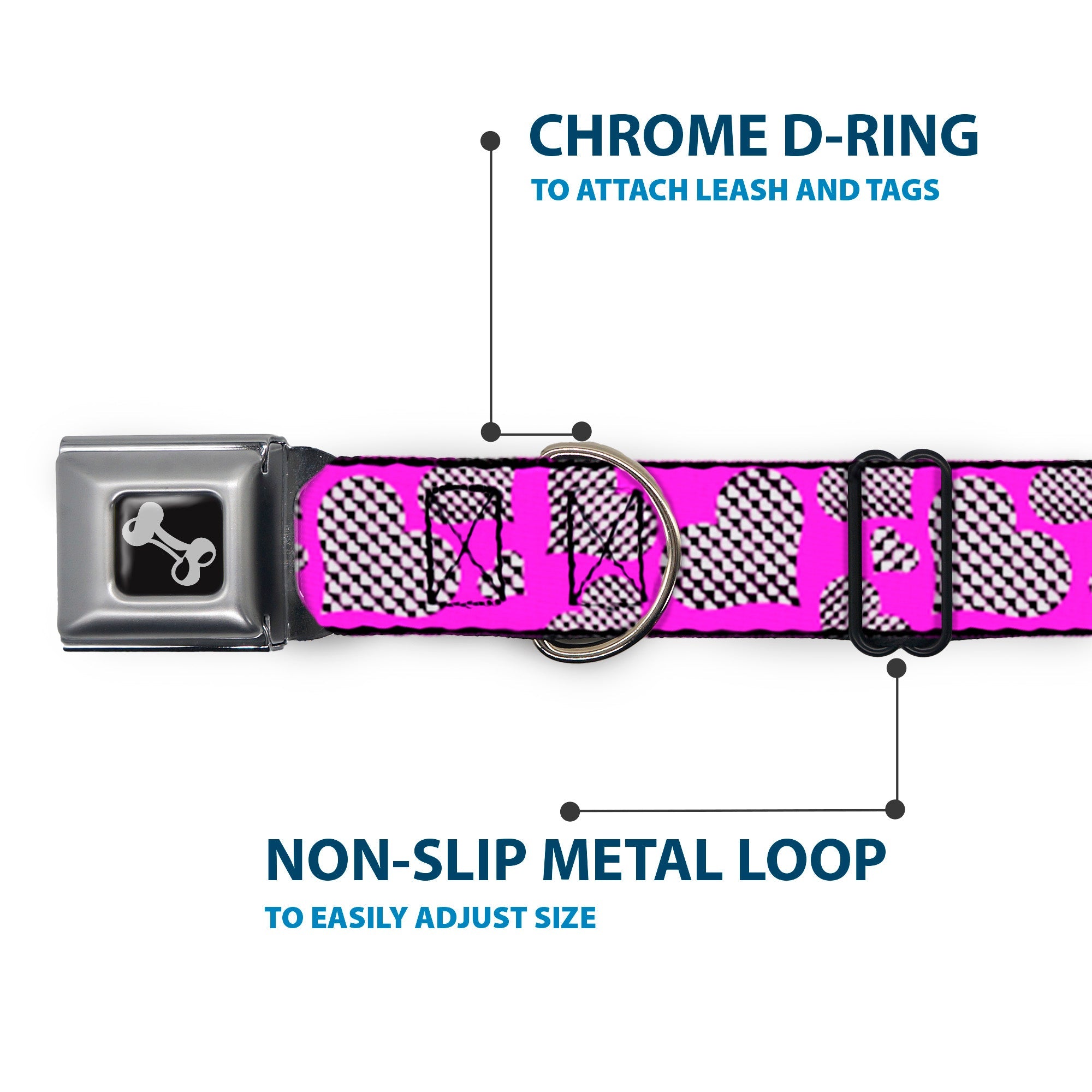 Dog Bone Seatbelt Buckle Collar - Eighties Hearts Fuchsia/Black/White