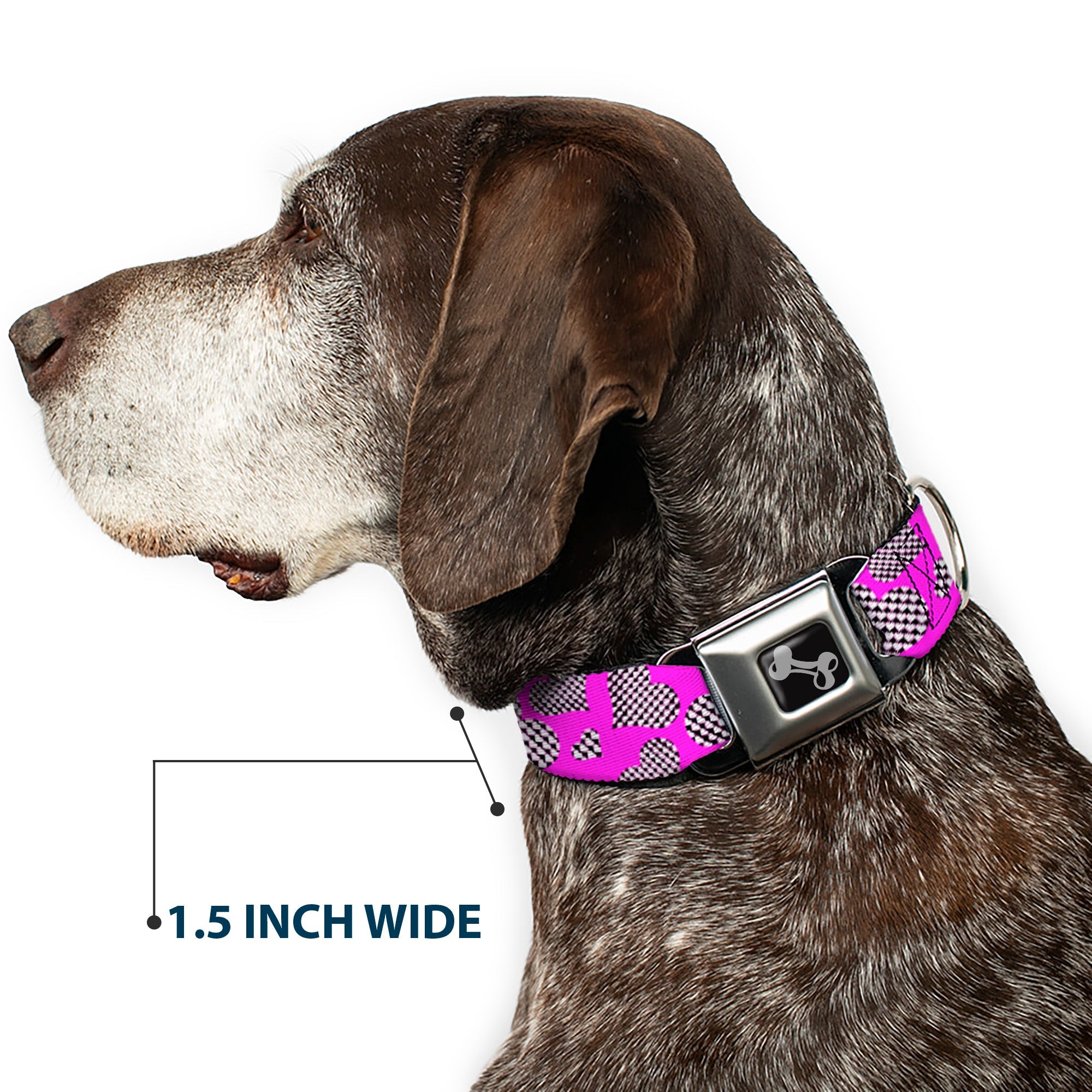 Dog Bone Seatbelt Buckle Collar - Eighties Hearts Fuchsia/Black/White