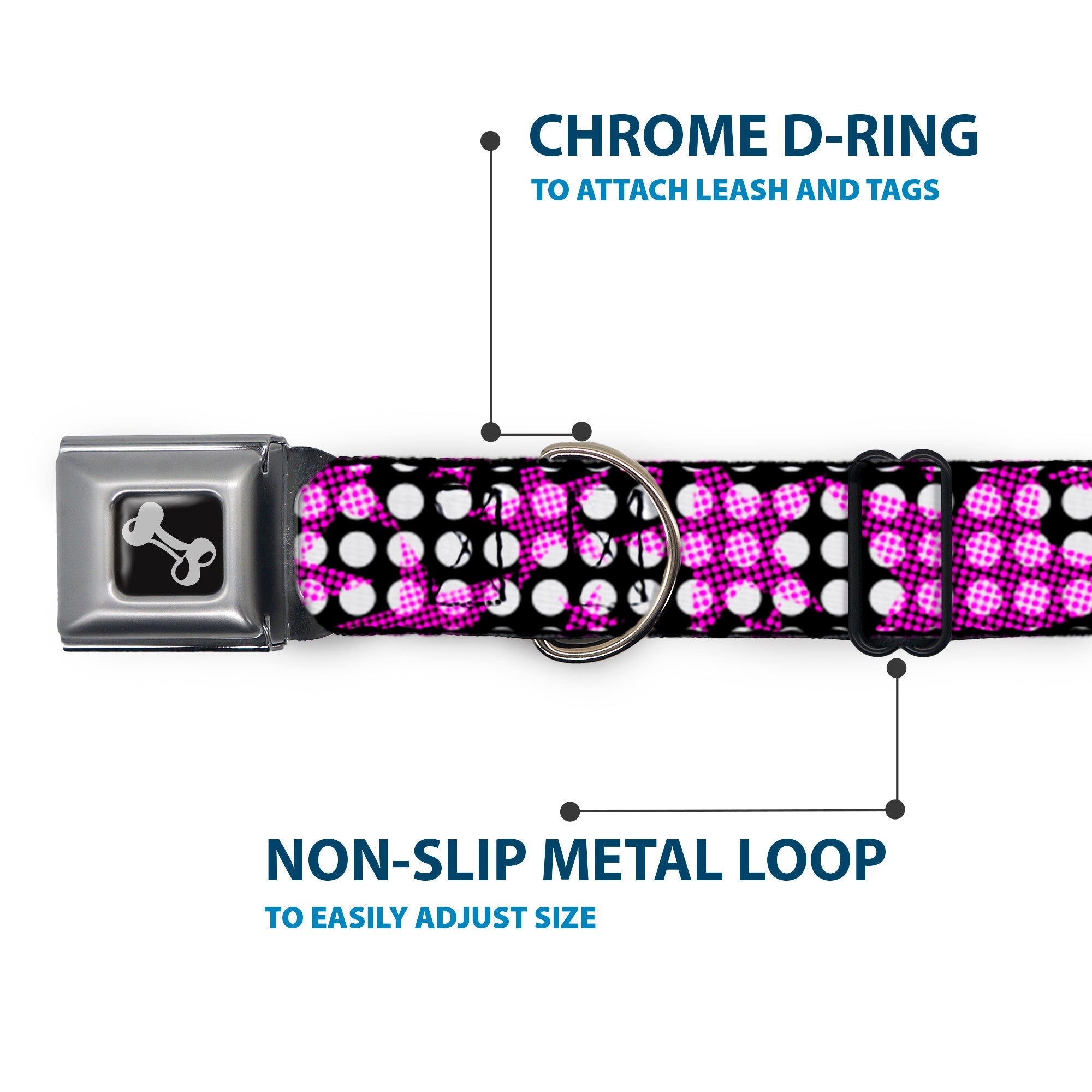 Dog Bone Seatbelt Buckle Collar - Eighties Stars1 Black/White/Fuchsia