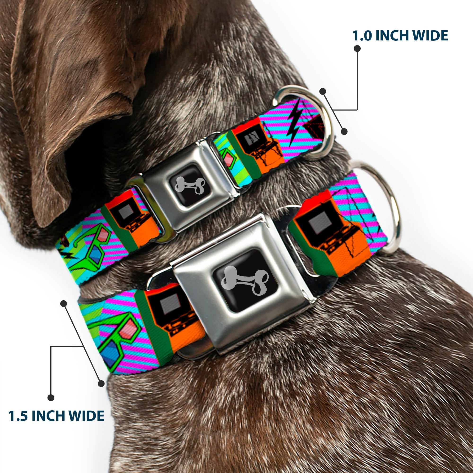 Dog Bone Seatbelt Buckle Collar - Eighties Arcade Multi Neon Stripes