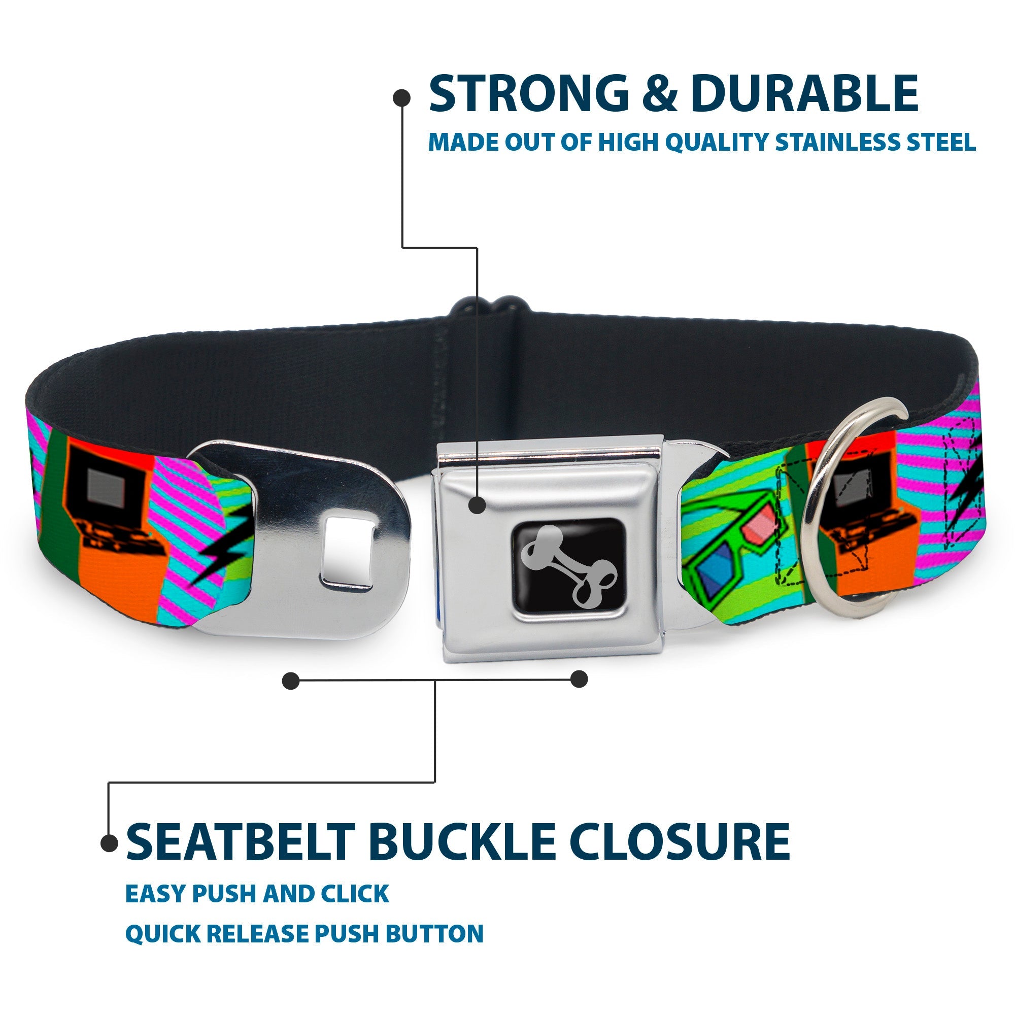 Dog Bone Seatbelt Buckle Collar - Eighties Arcade Multi Neon Stripes