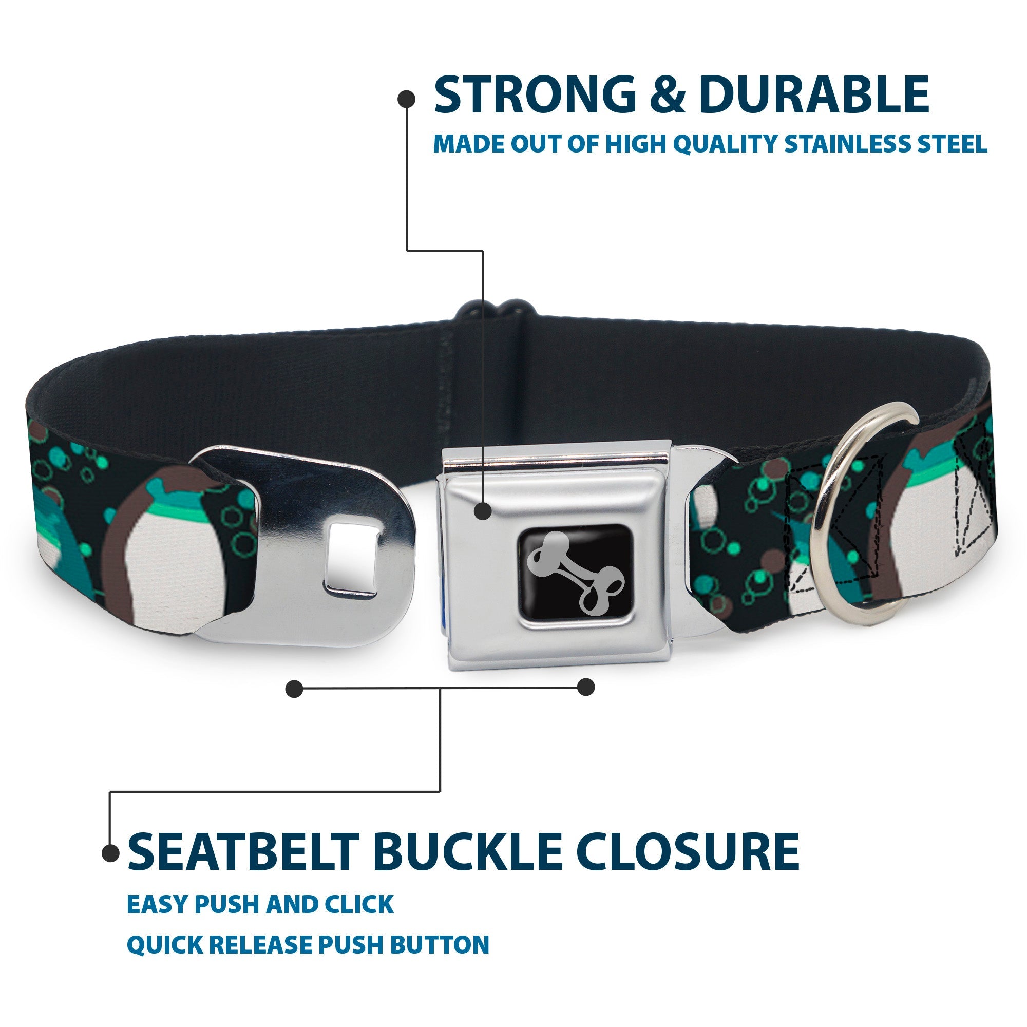 Dog Bone Seatbelt Buckle Collar - Emperor Penguins w/Bubbles Black/Gray/Turqs