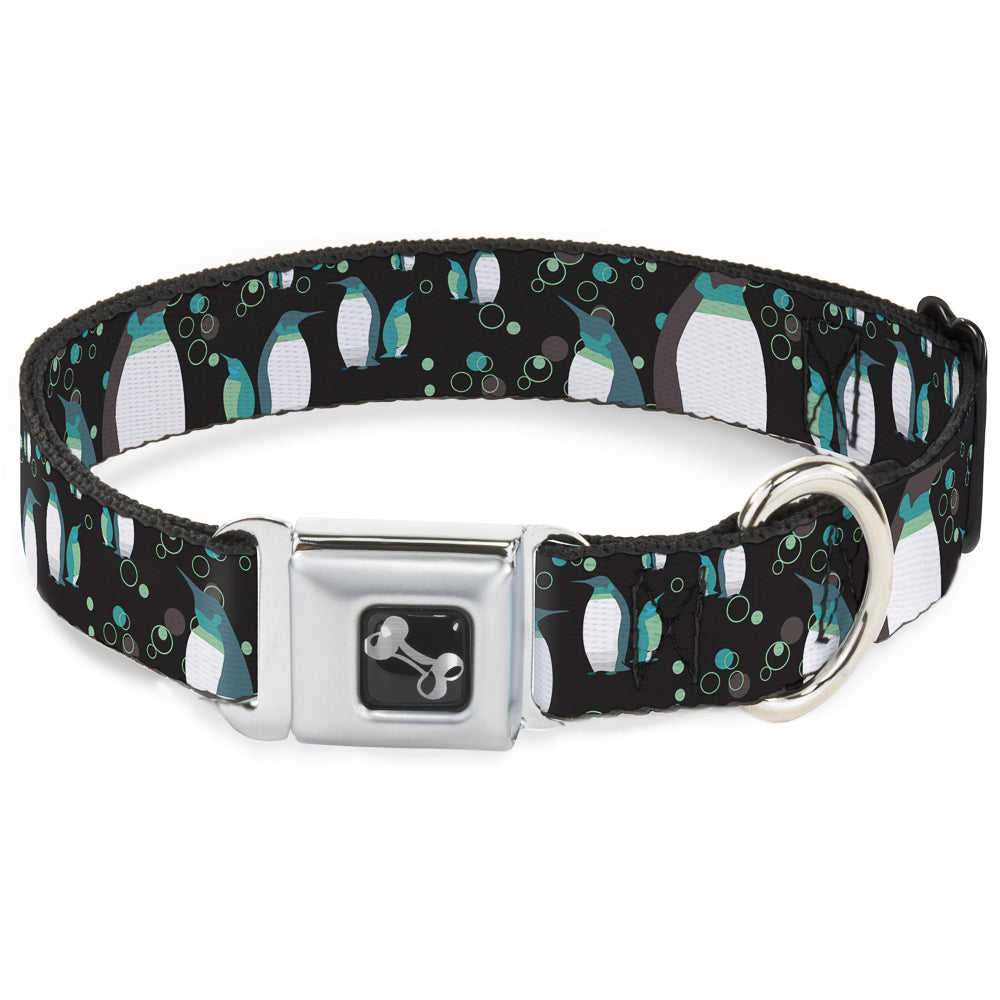 Dog Bone Seatbelt Buckle Collar - Emperor Penguins w/Bubbles Black/Gray/Turqs