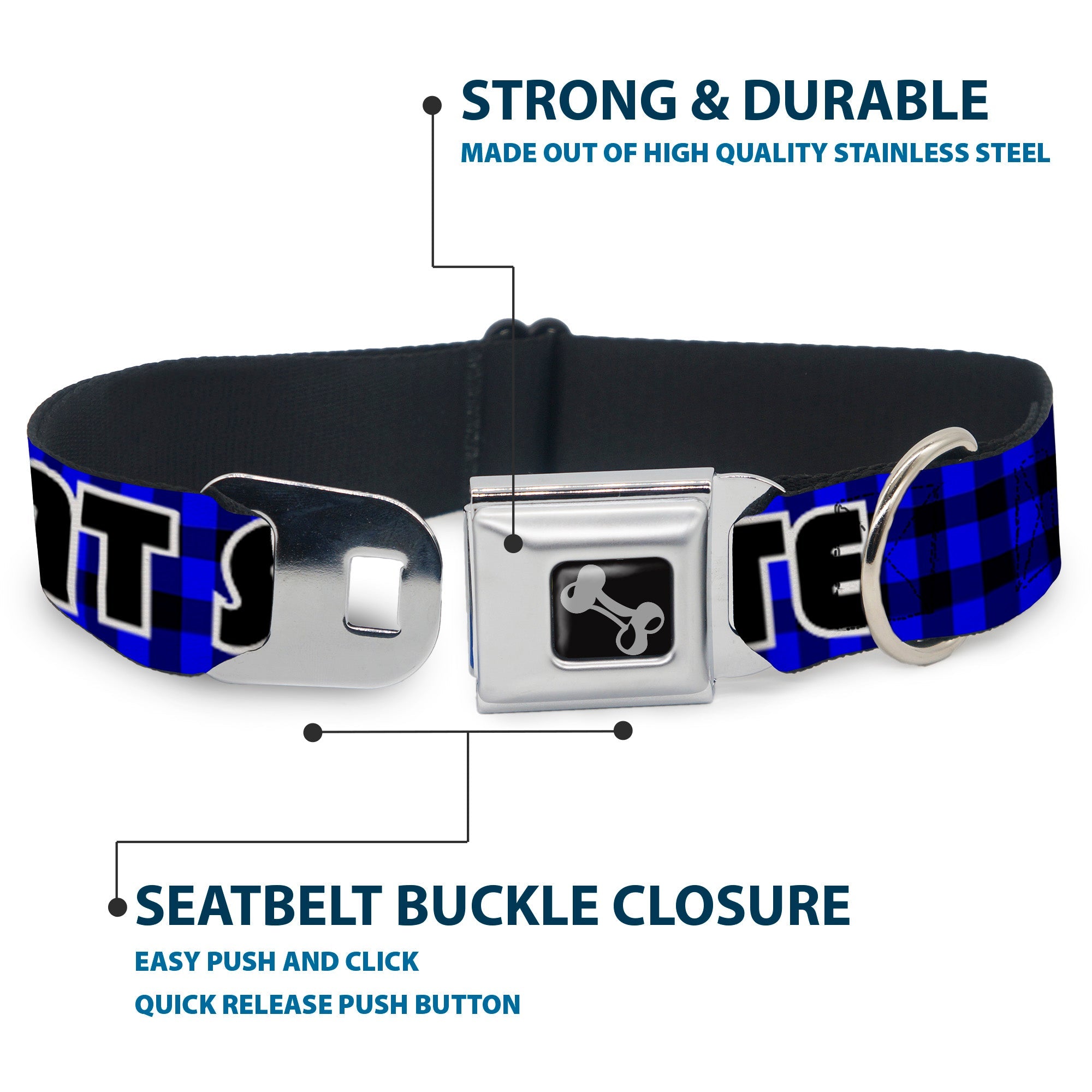 Dog Bone Seatbelt Buckle Collar - EAT SLEEP SKATE Buffalo Plaid Blue