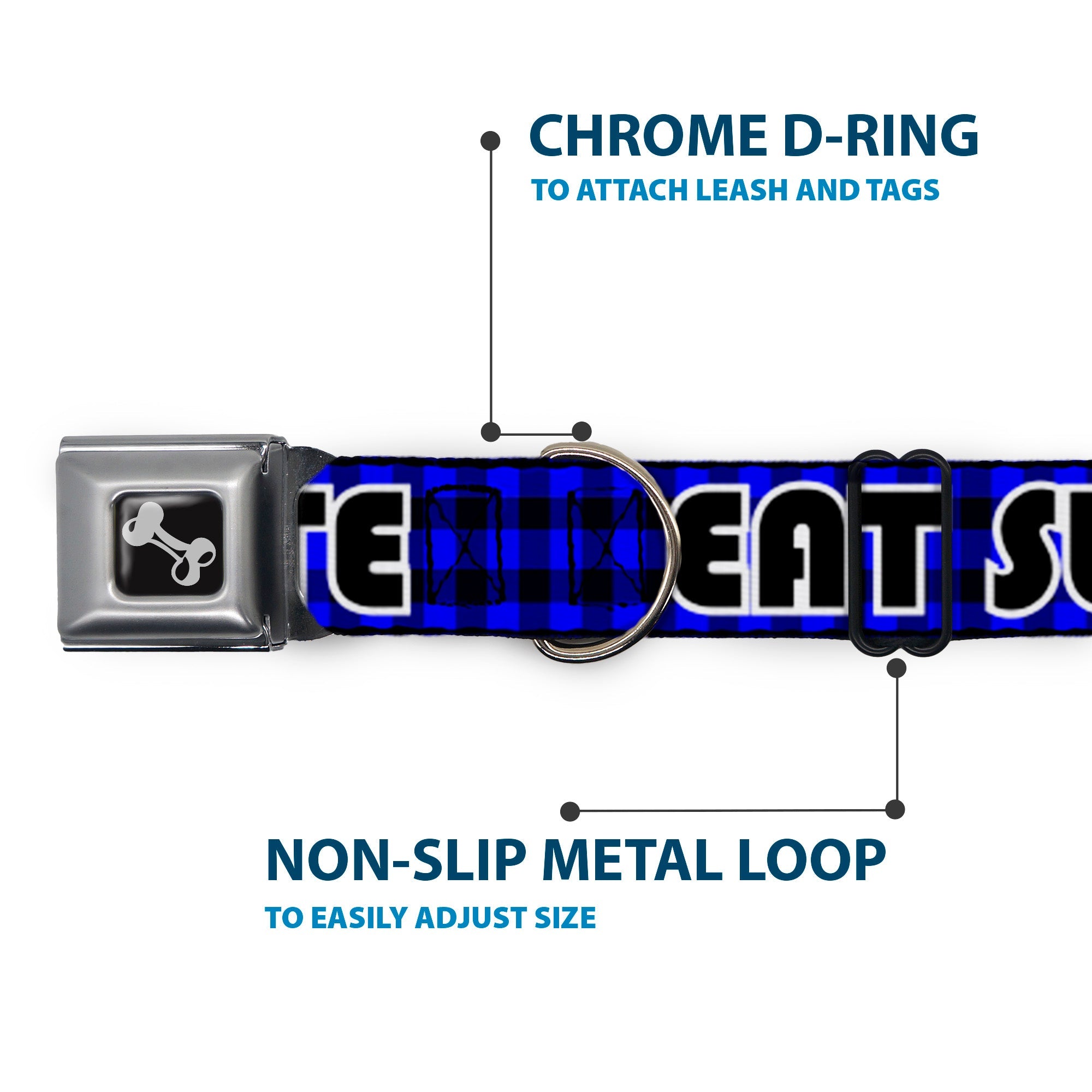Dog Bone Seatbelt Buckle Collar - EAT SLEEP SKATE Buffalo Plaid Blue