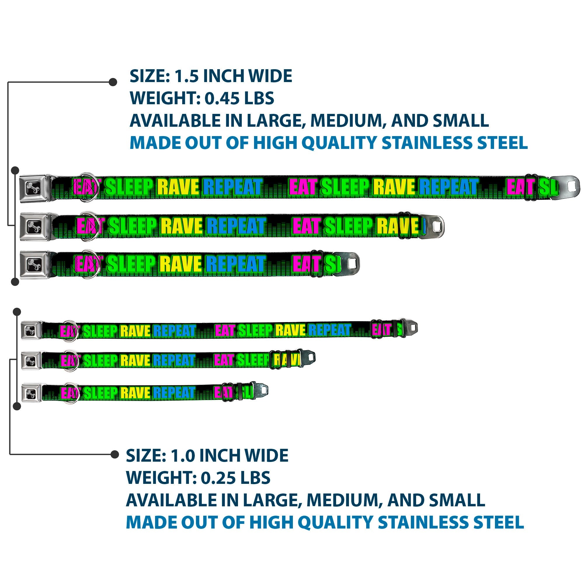 Buckle-Down Seatbelt Buckle Dog Collar - EAT SLEEP RAVE REPEAT Black/Multi Neon