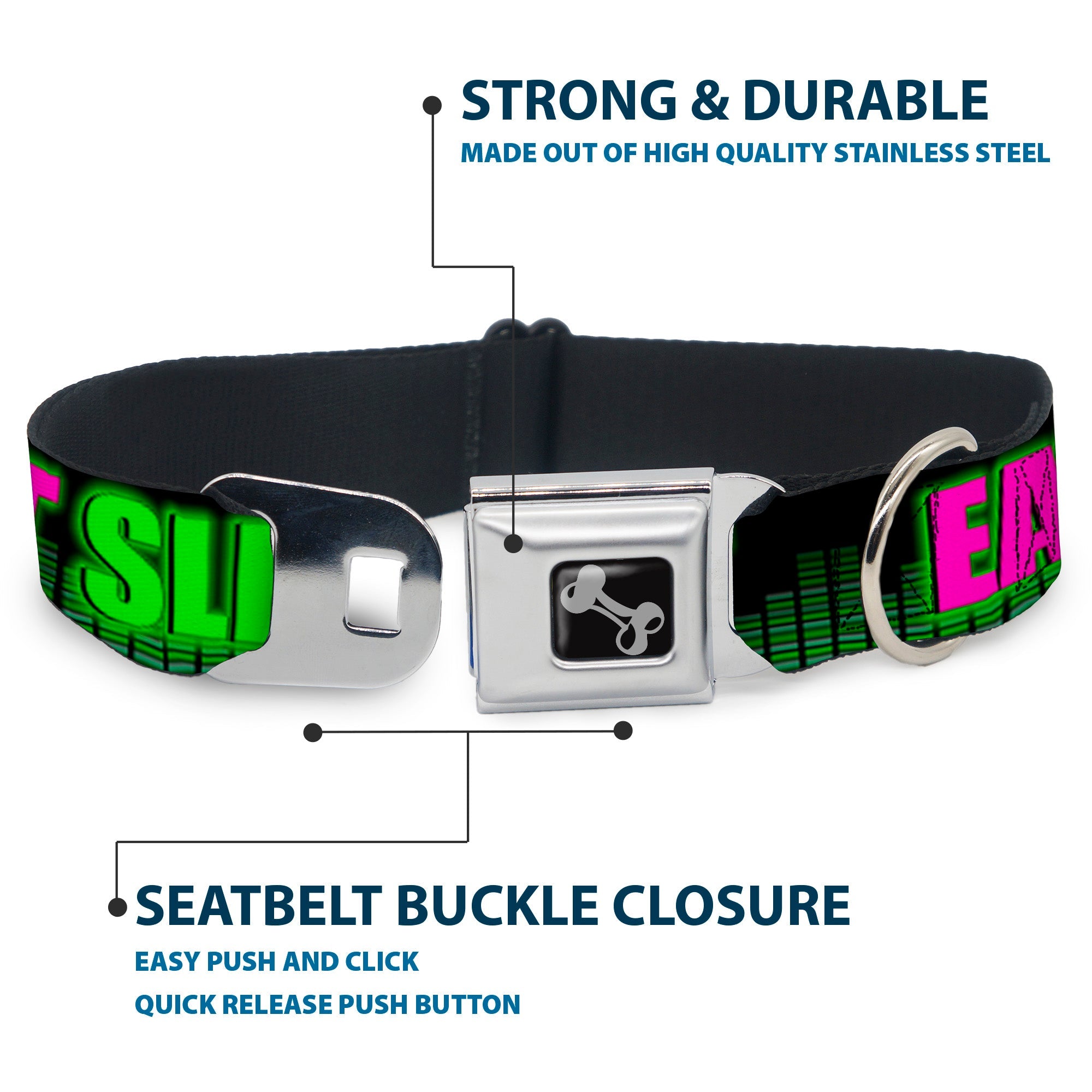 Buckle-Down Seatbelt Buckle Dog Collar - EAT SLEEP RAVE REPEAT Black/Multi Neon
