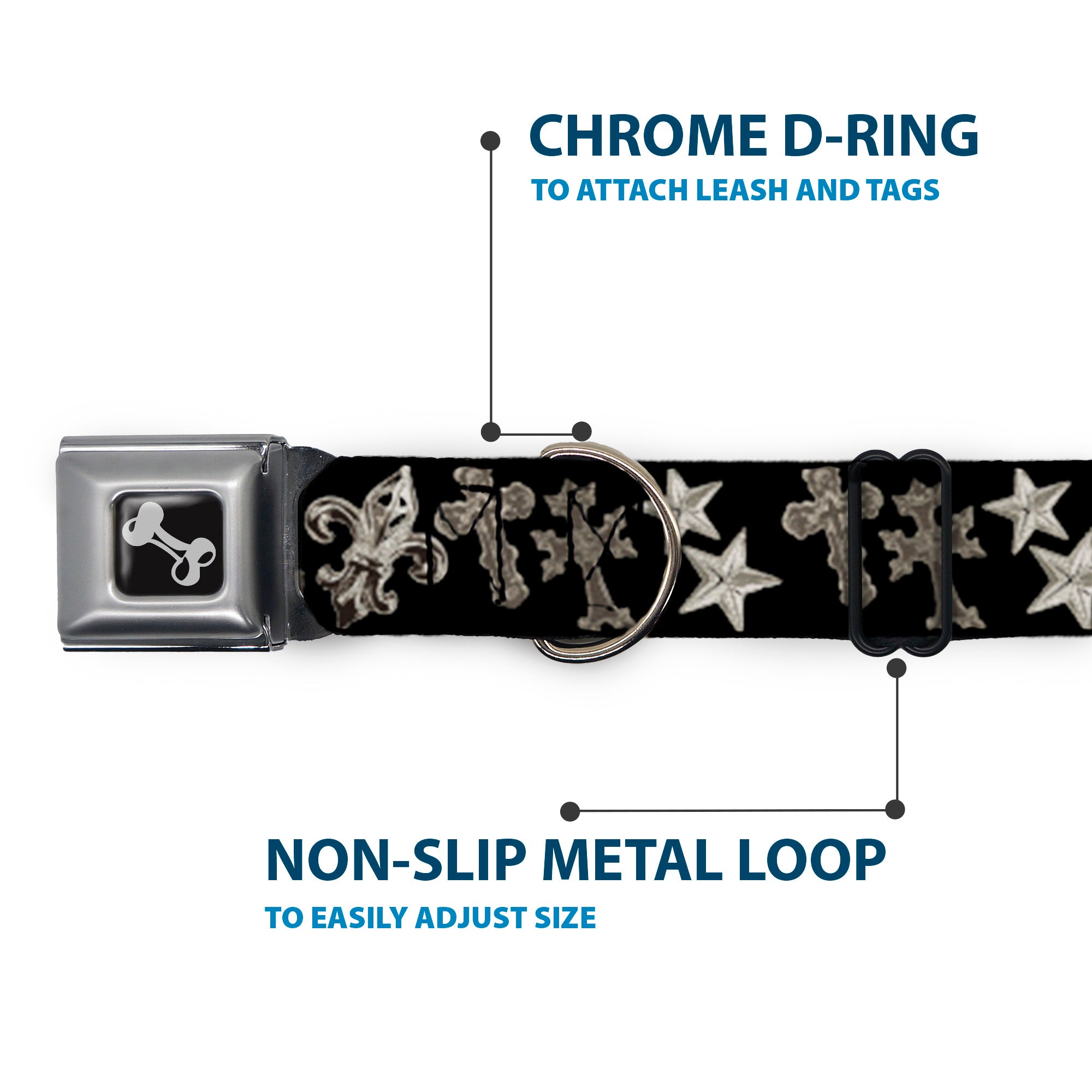 Dog Bone Seatbelt Buckle Collar - Elegant Crosses/Stars/Studs Black/Grays