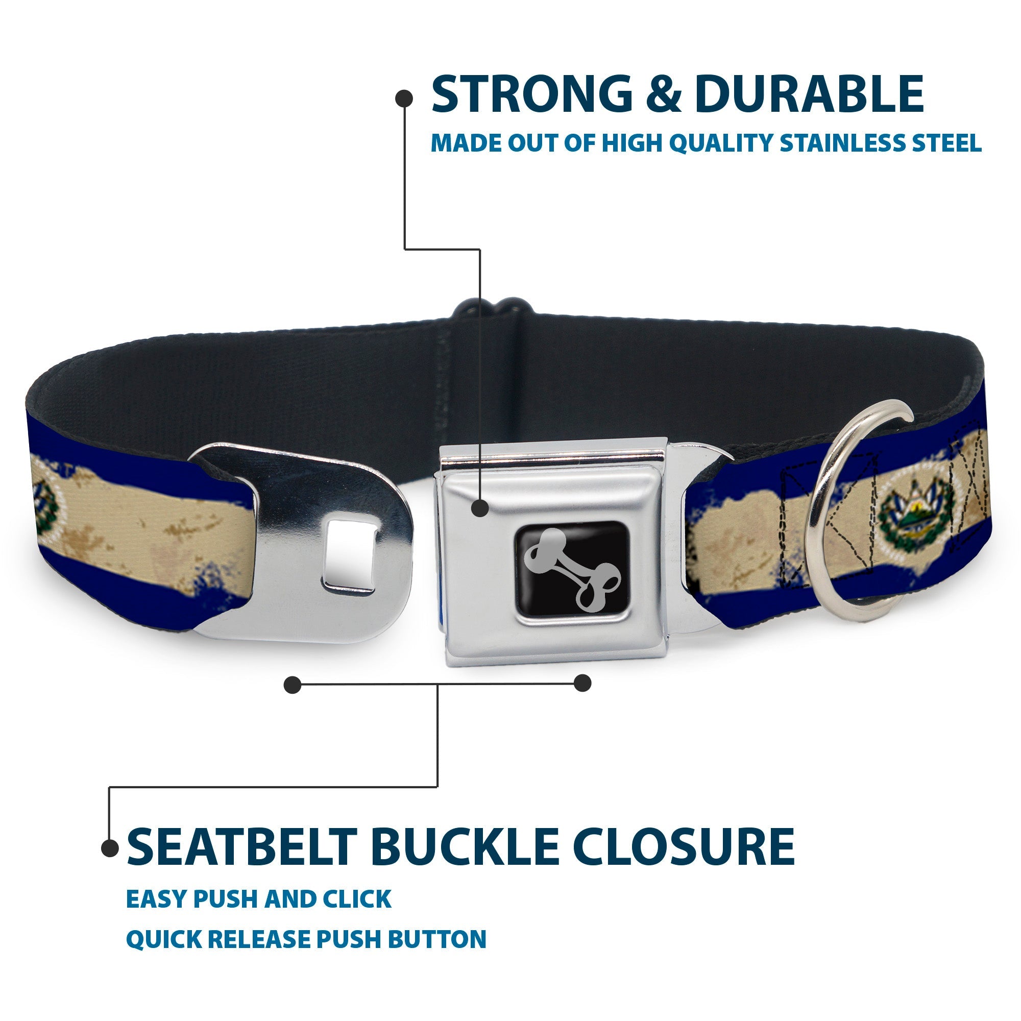 Dog Bone Seatbelt Buckle Collar - El Salvador Flag Distressed Painting