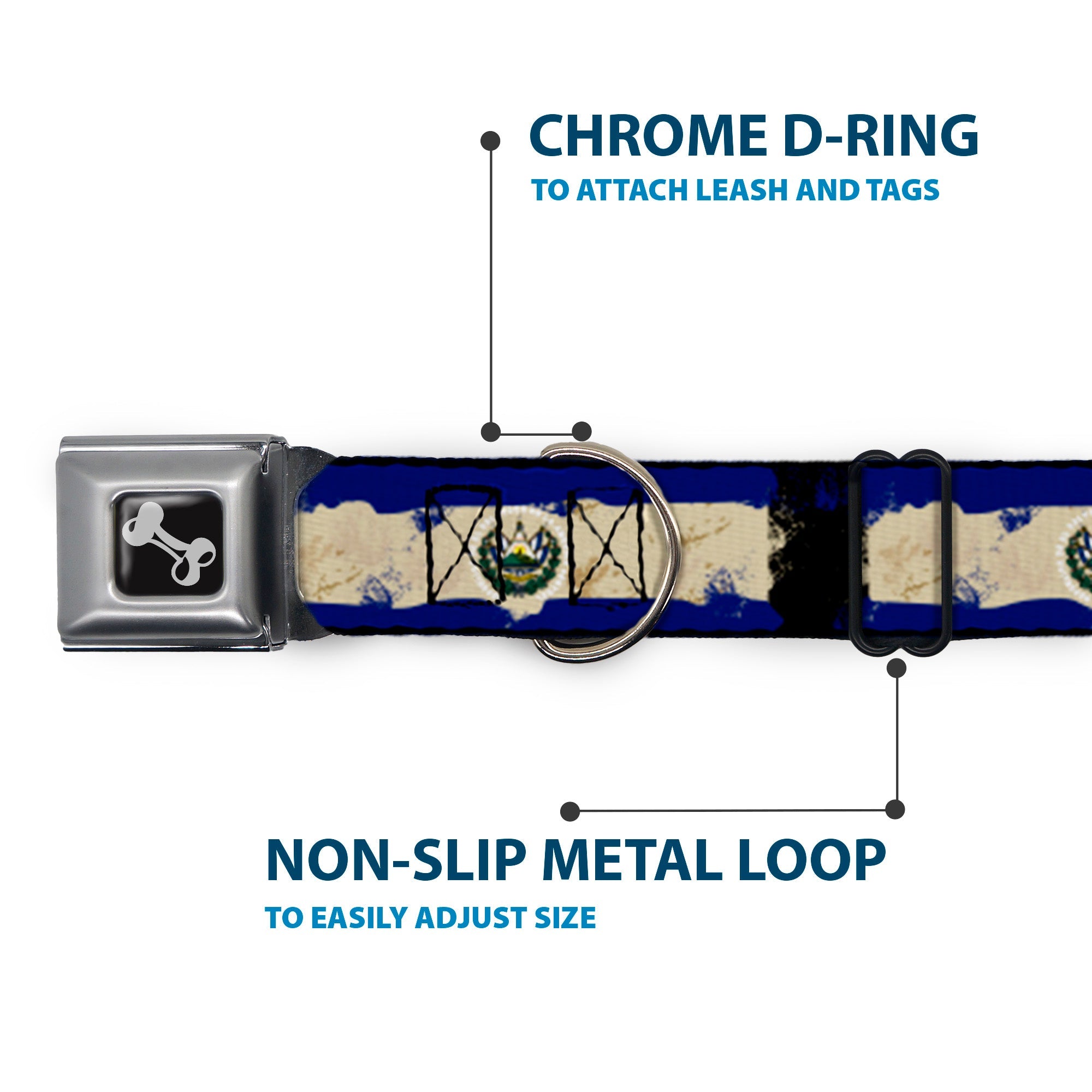 Dog Bone Seatbelt Buckle Collar - El Salvador Flag Distressed Painting