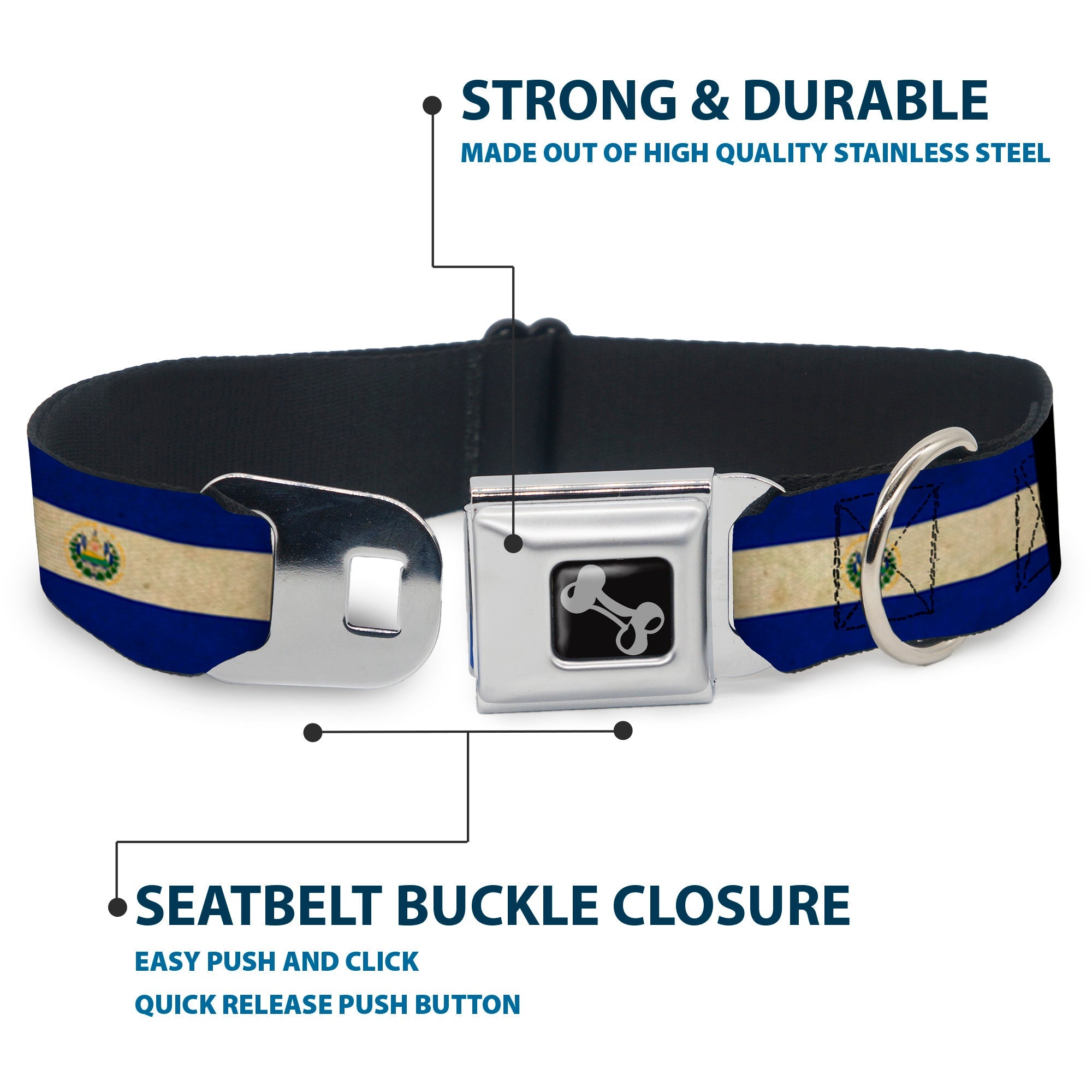 Dog Bone Seatbelt Buckle Collar - El Salvador Flag/Black