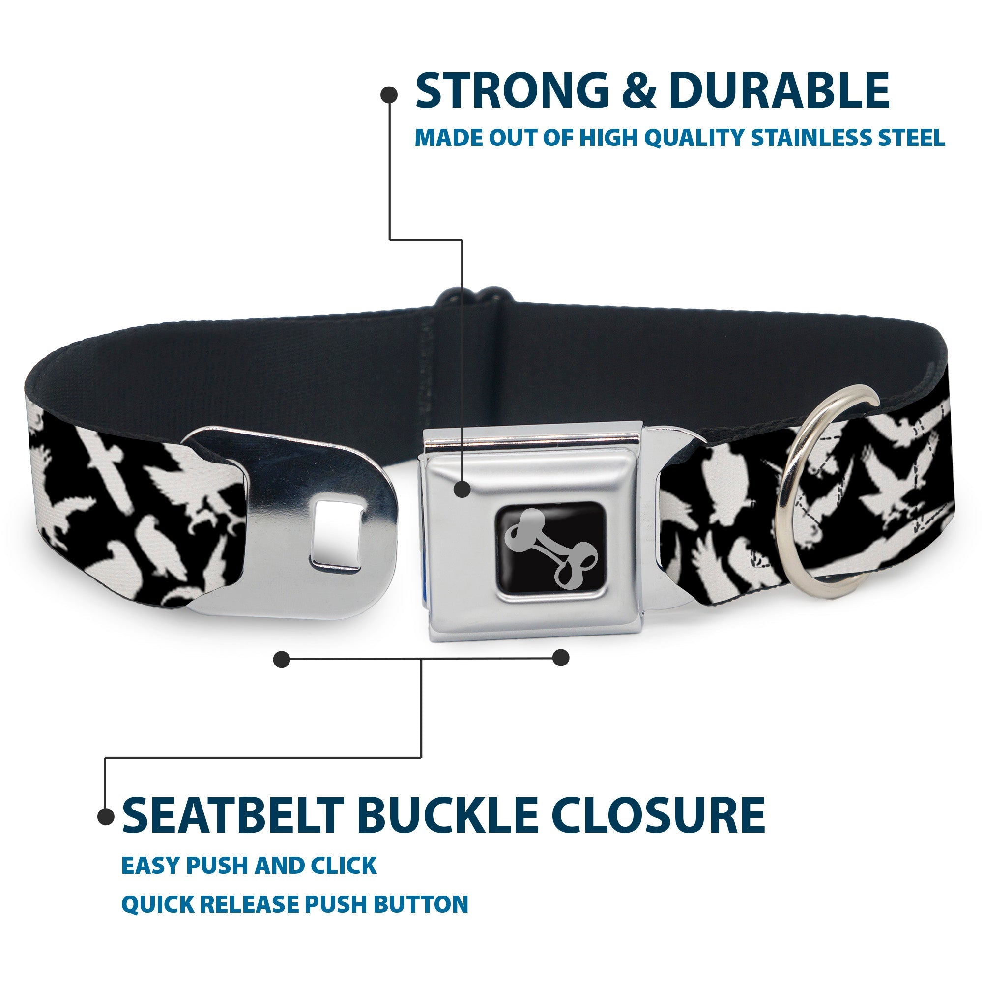 Dog Bone Seatbelt Buckle Collar - Eagle Silhouettes Scattered Black/White