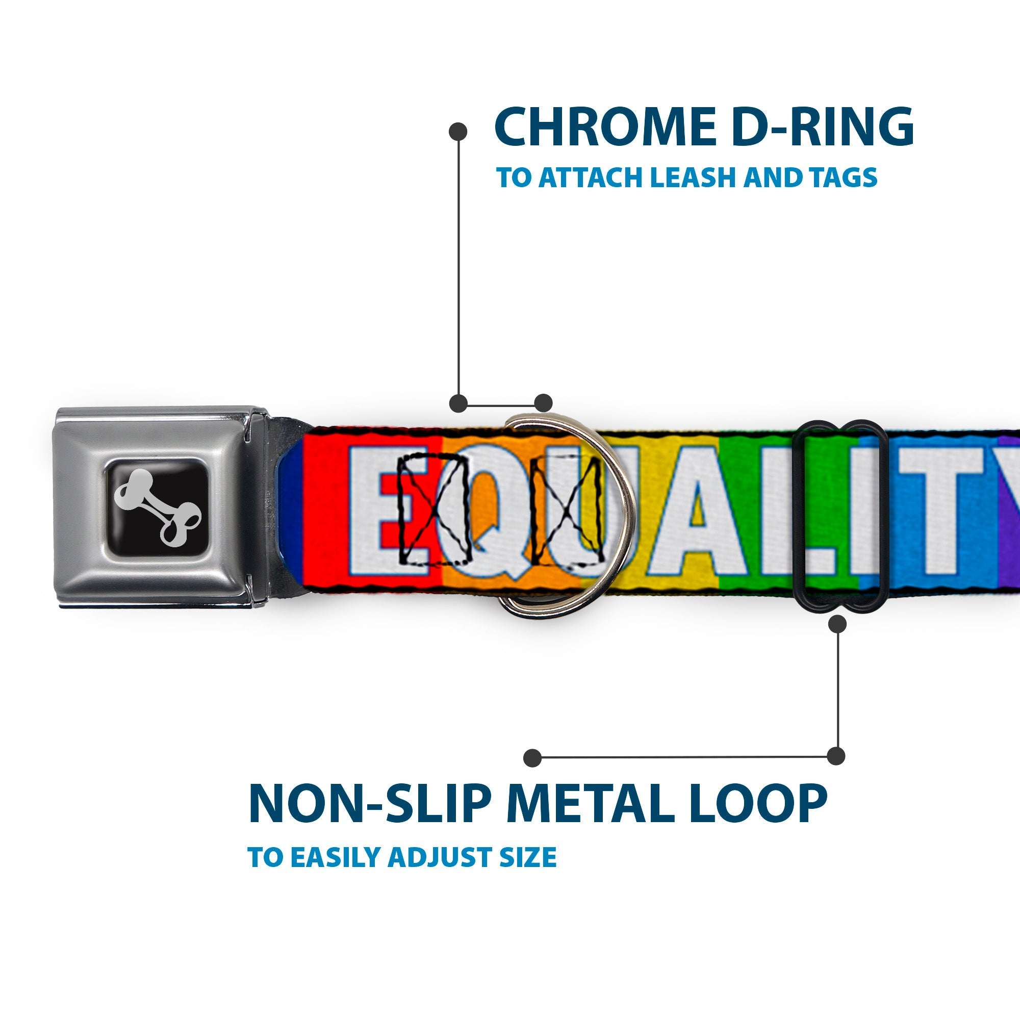Dog Bone Black/Silver Seatbelt Buckle Collar - EQUALITY Blocks Rainbow/Blue/White