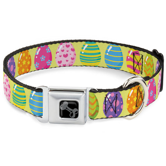 Dog Bone Black/Silver Seatbelt Buckle Collar - Easter Eggs Decorated Eggs Yellow/Multi Color