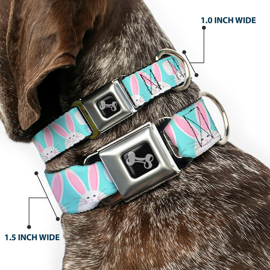 Dog Bone Black/Silver Seatbelt Buckle Collar - Easter Bunnies Smiling Sky Blue