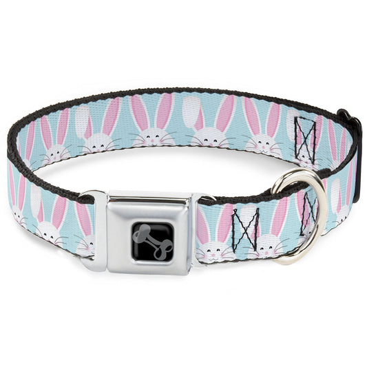 Dog Bone Black/Silver Seatbelt Buckle Collar - Easter Bunnies Smiling Sky Blue