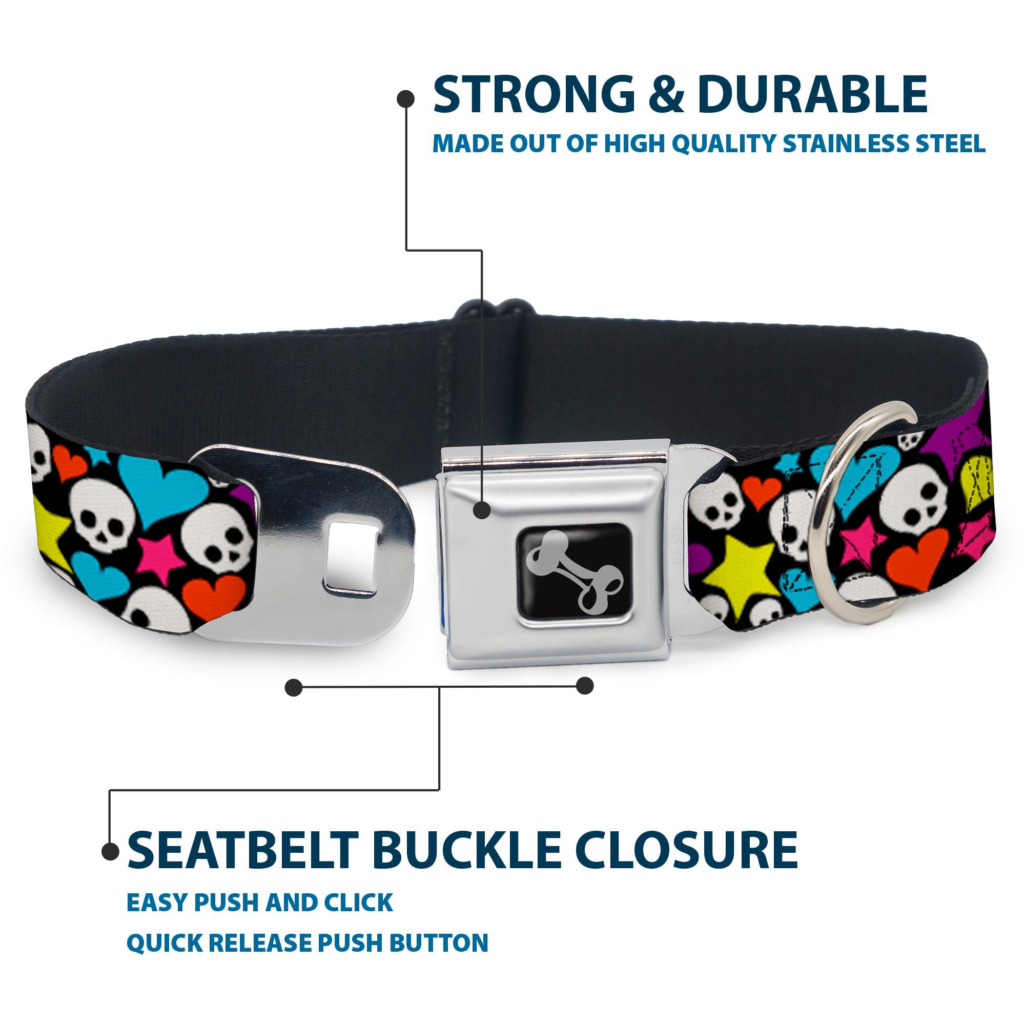 Dog Bone Seatbelt Buckle Collar - Funky Skulls Hearts & Stars Black/Multi Color