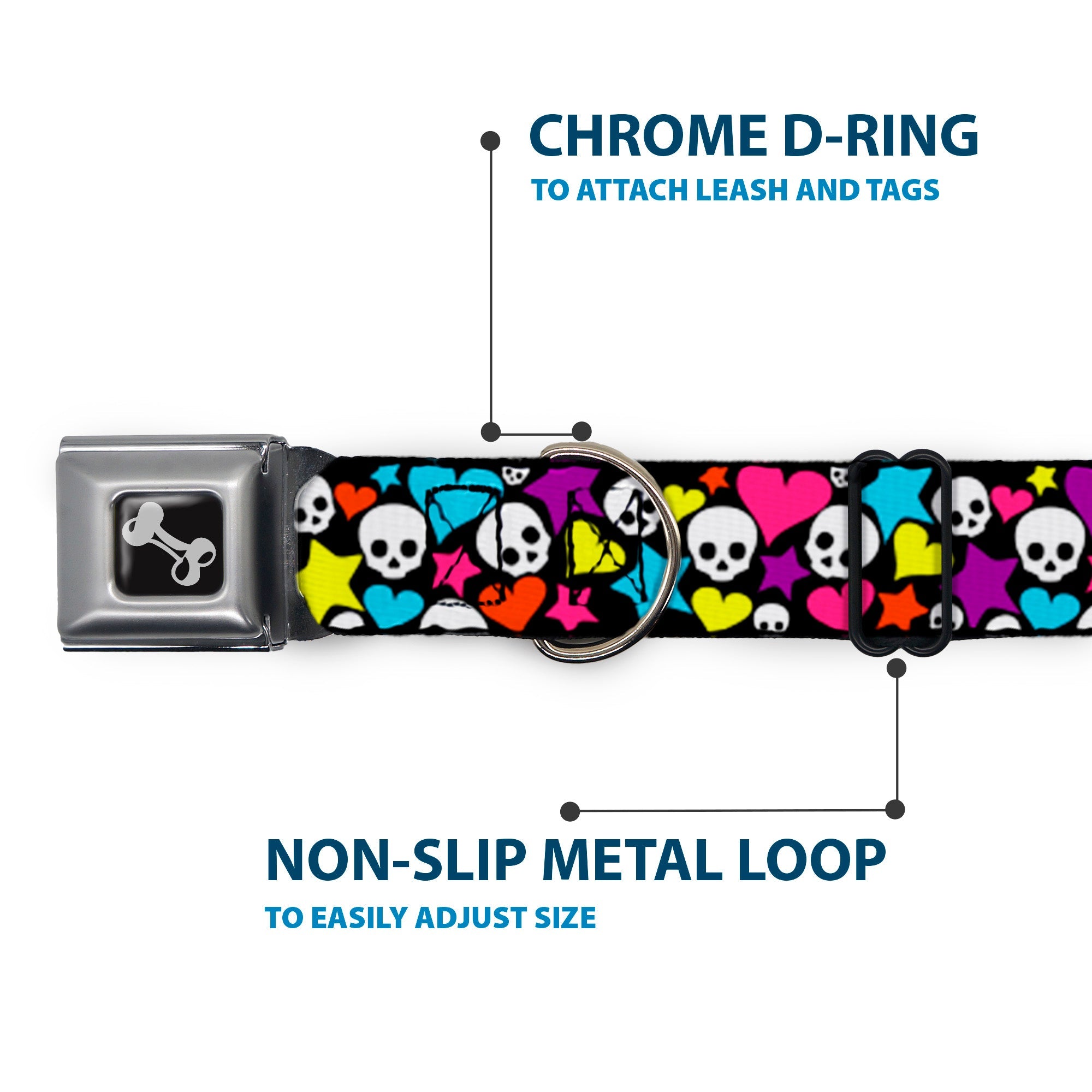 Dog Bone Seatbelt Buckle Collar - Funky Skulls Hearts & Stars Black/Multi Color