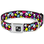 Dog Bone Seatbelt Buckle Collar - Funky Skulls Hearts & Stars Black/Multi Color