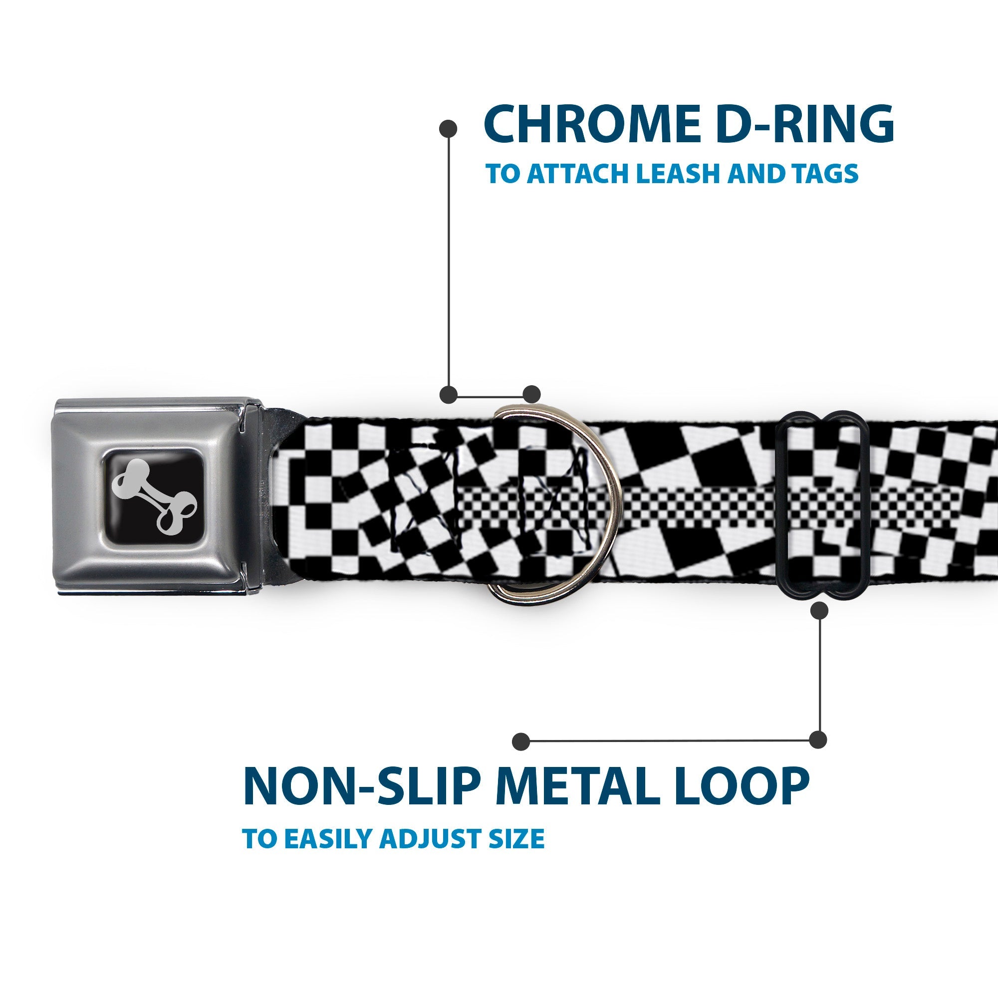 Dog Bone Seatbelt Buckle Collar - Funky Checkers Black/White