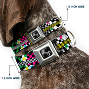 Dog Bone Seatbelt Buckle Collar - Funky Checkers Black/White/Neon